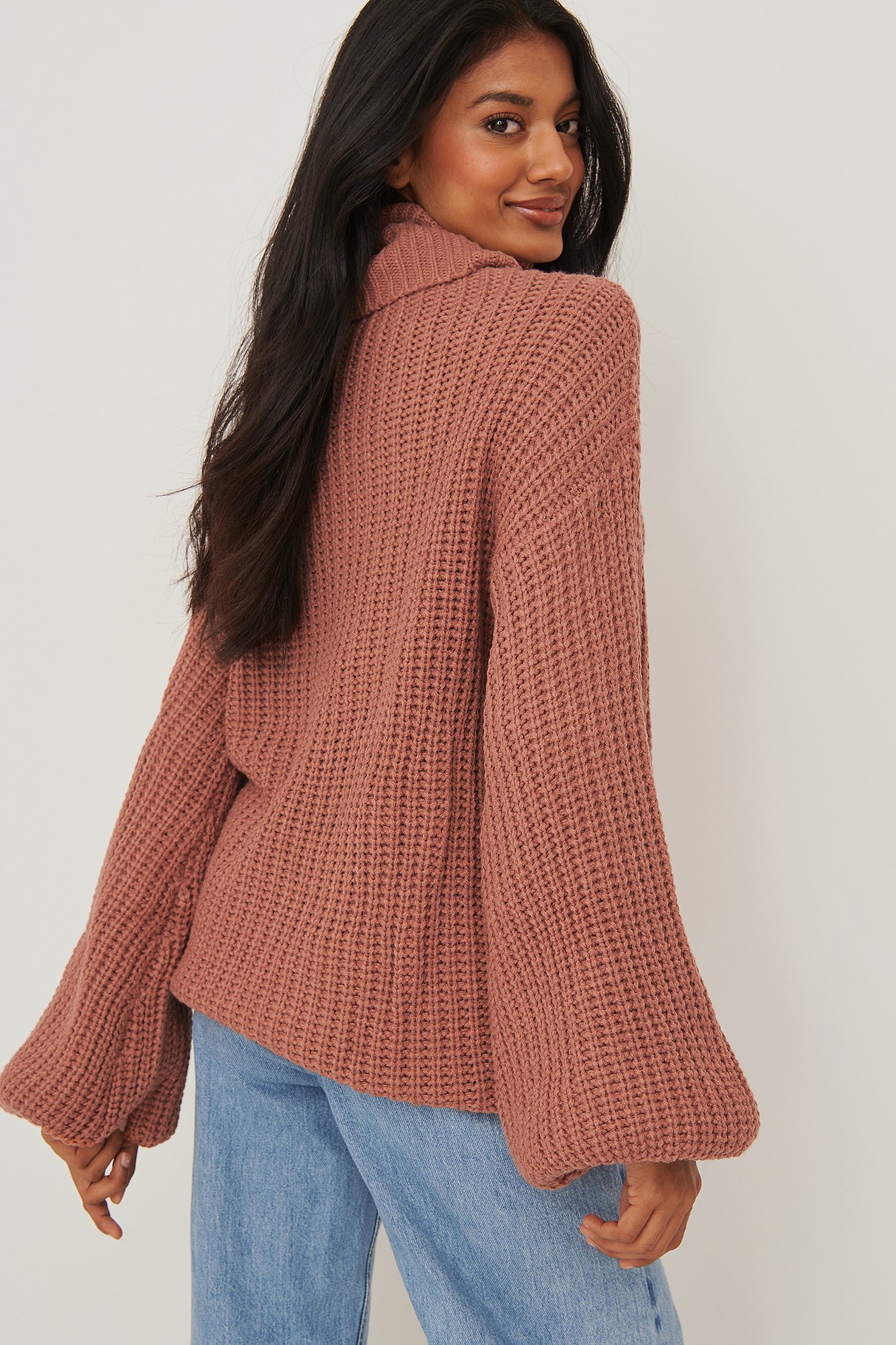 Dusty Dark Pink High Neck Long Knitted Sweater