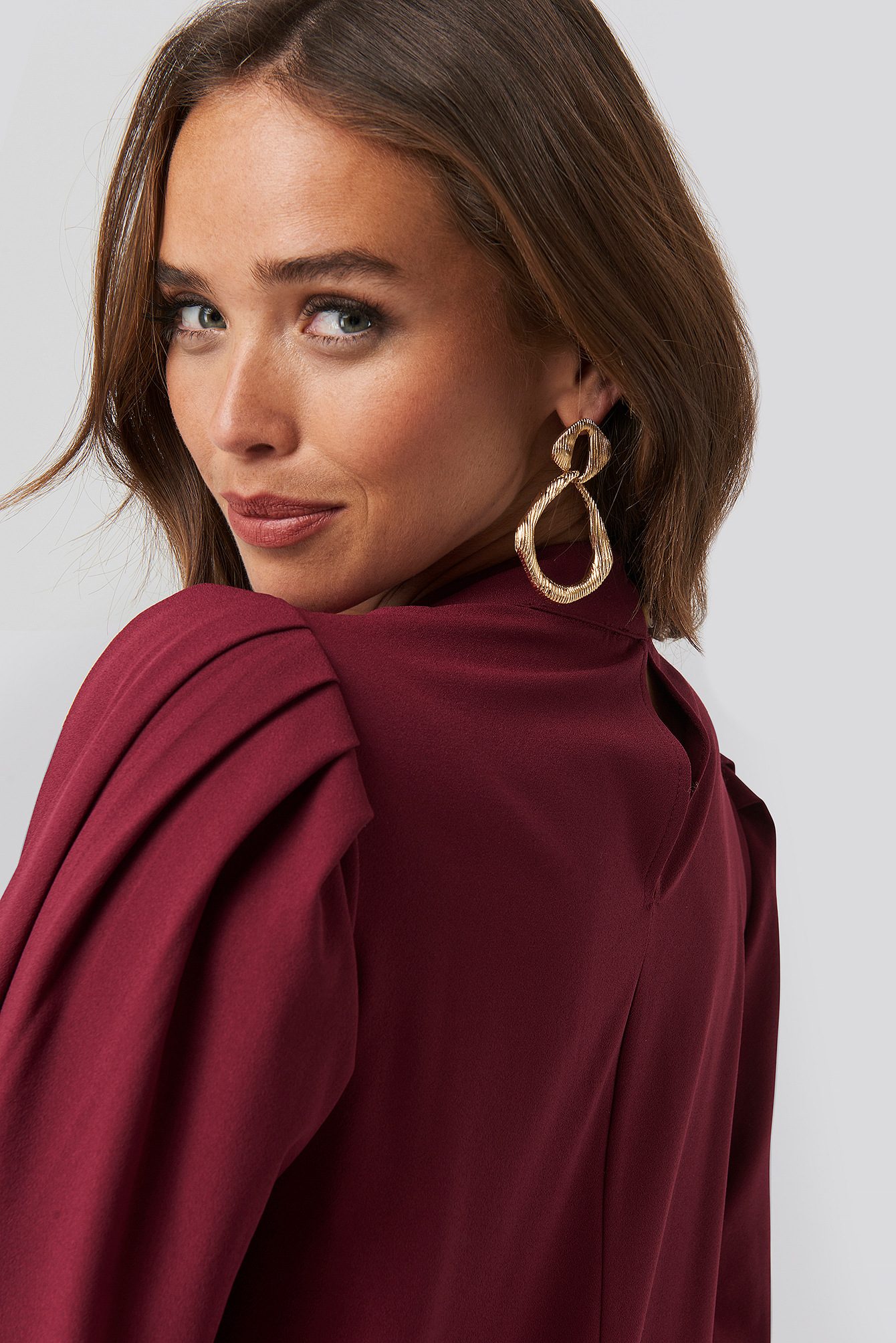 High Neck Long Sleeve Shift Dress Burgundy