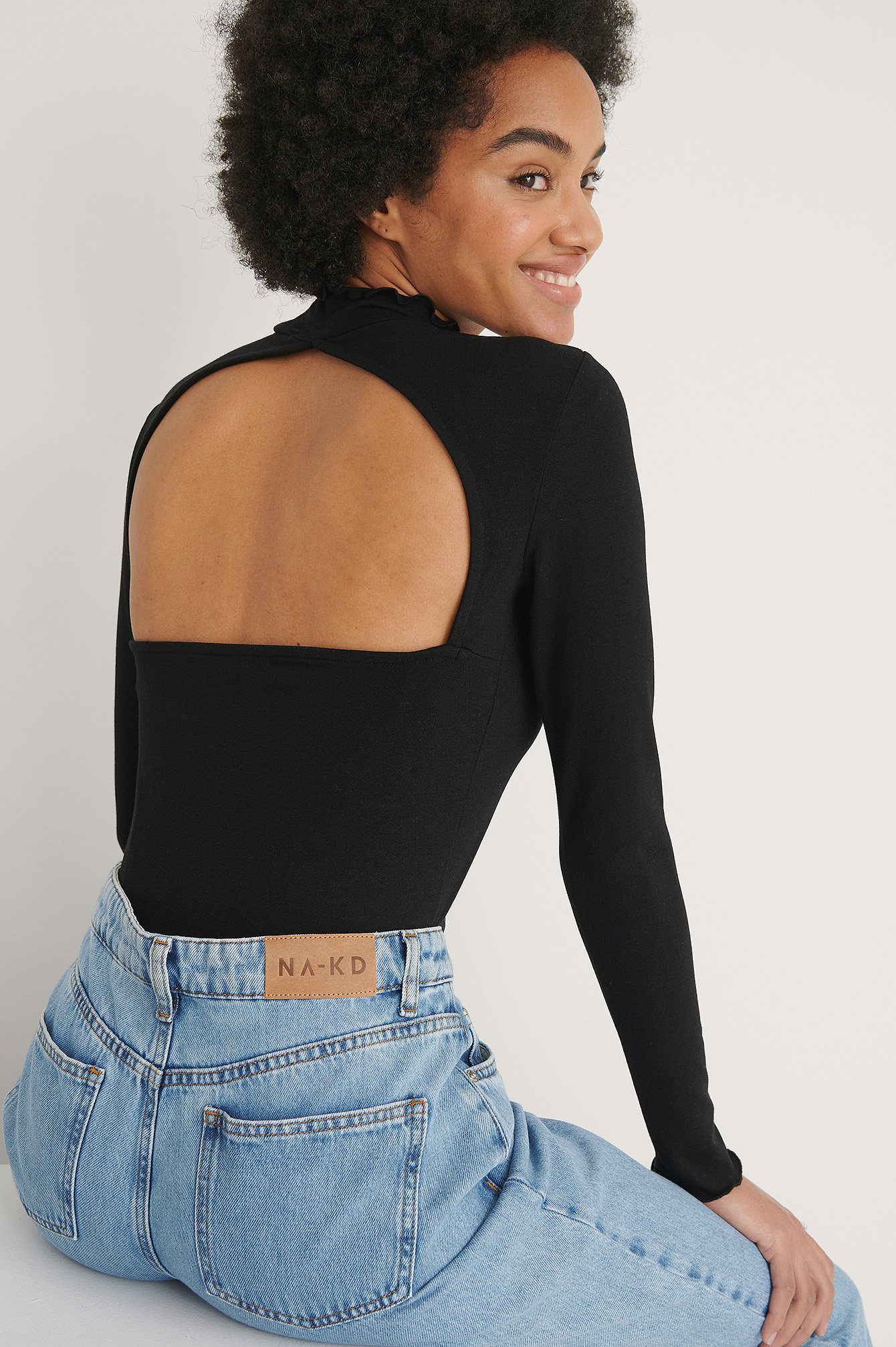 Black Recycled High Neck Open Back Long Sleeve Top