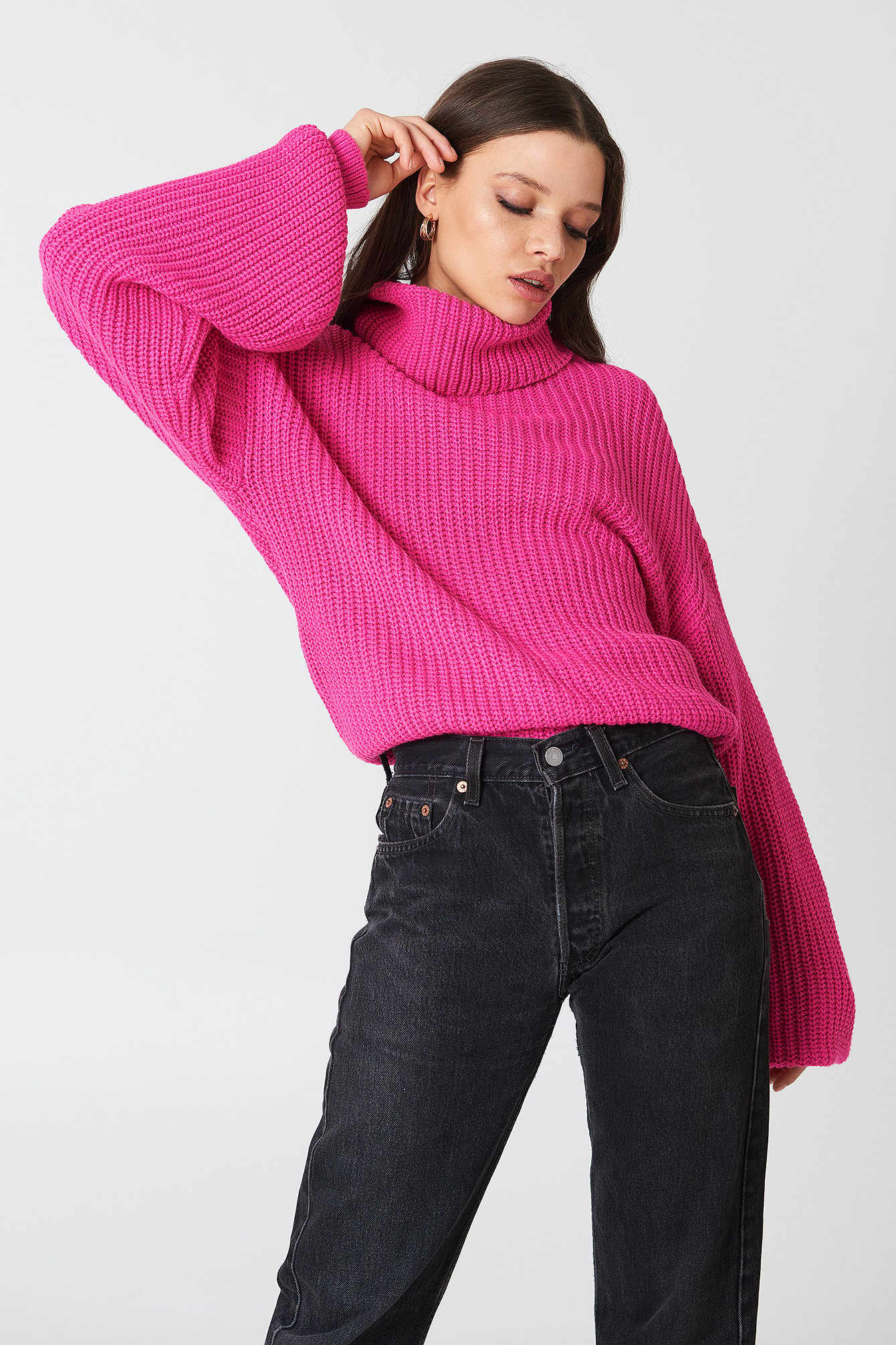 High Neck Oversized Knitted Sweater Pink | NA-KD