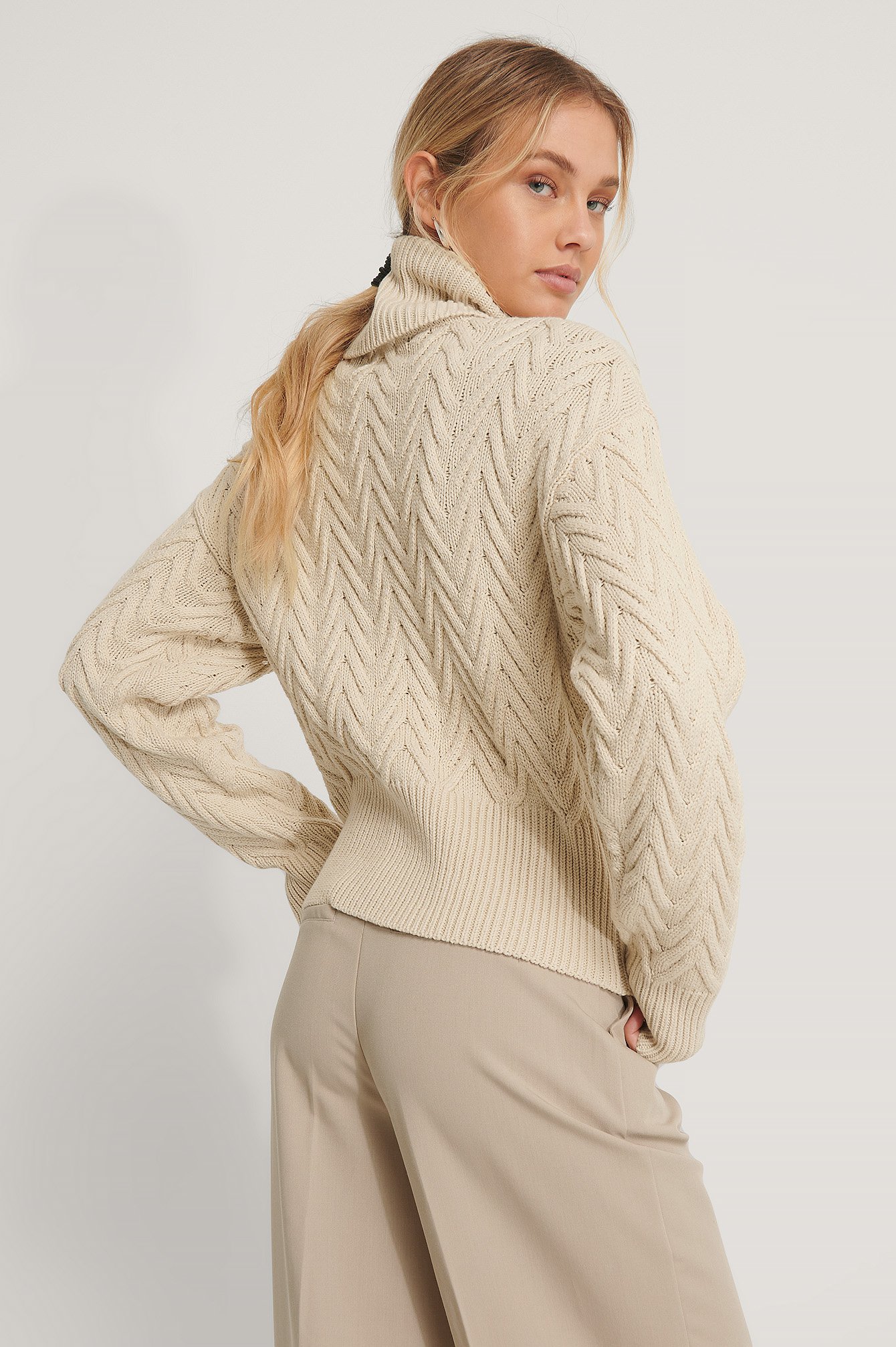 Light Beige High Neck Pattern Knit Sweater