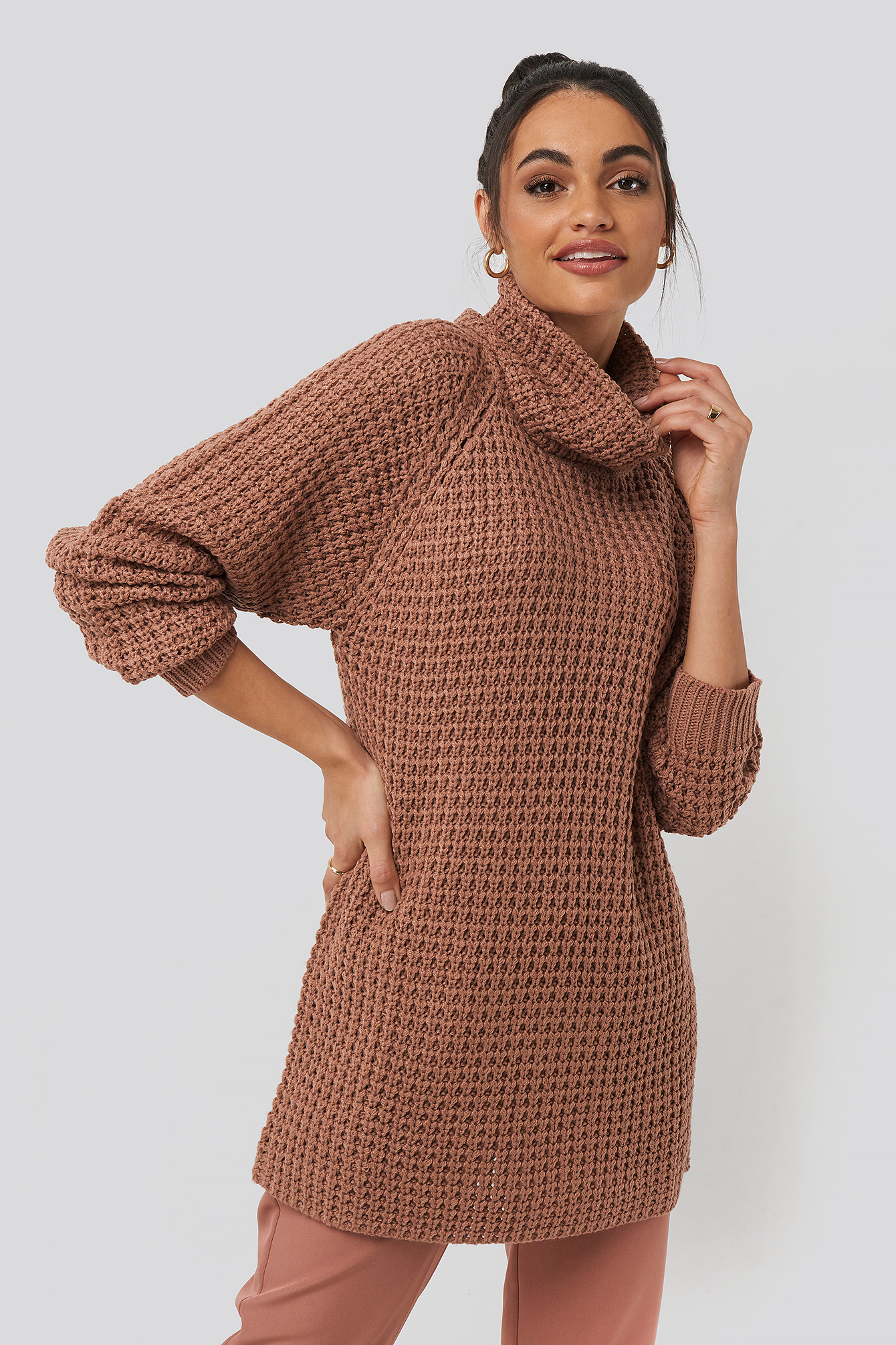 High Neck Pineapple Knitted Sweater Dusty Pink