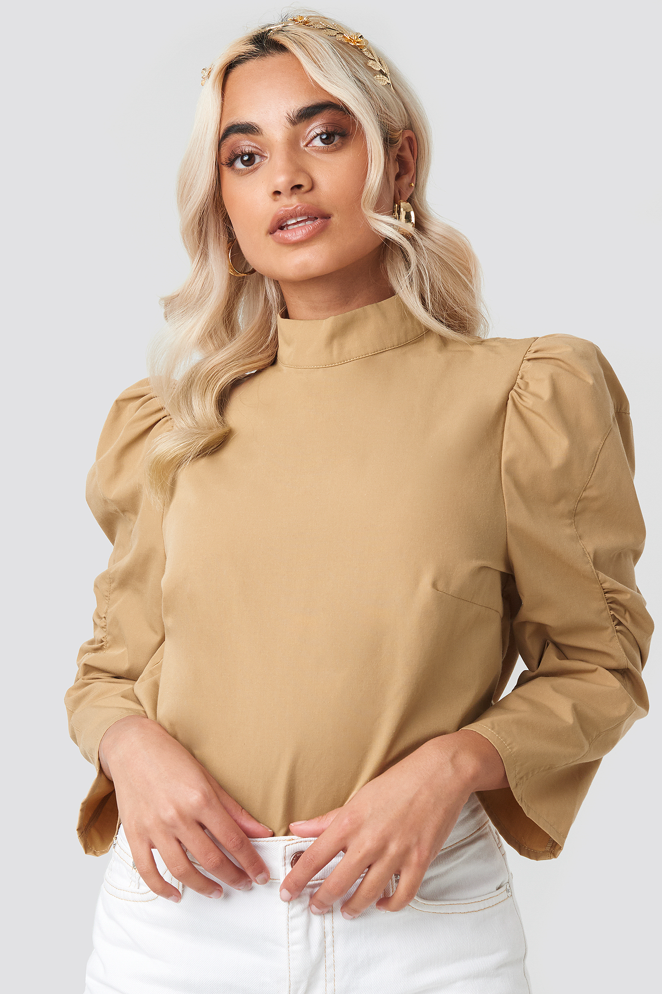 High Neck Puff Sleeve Blouse Beige NAKD