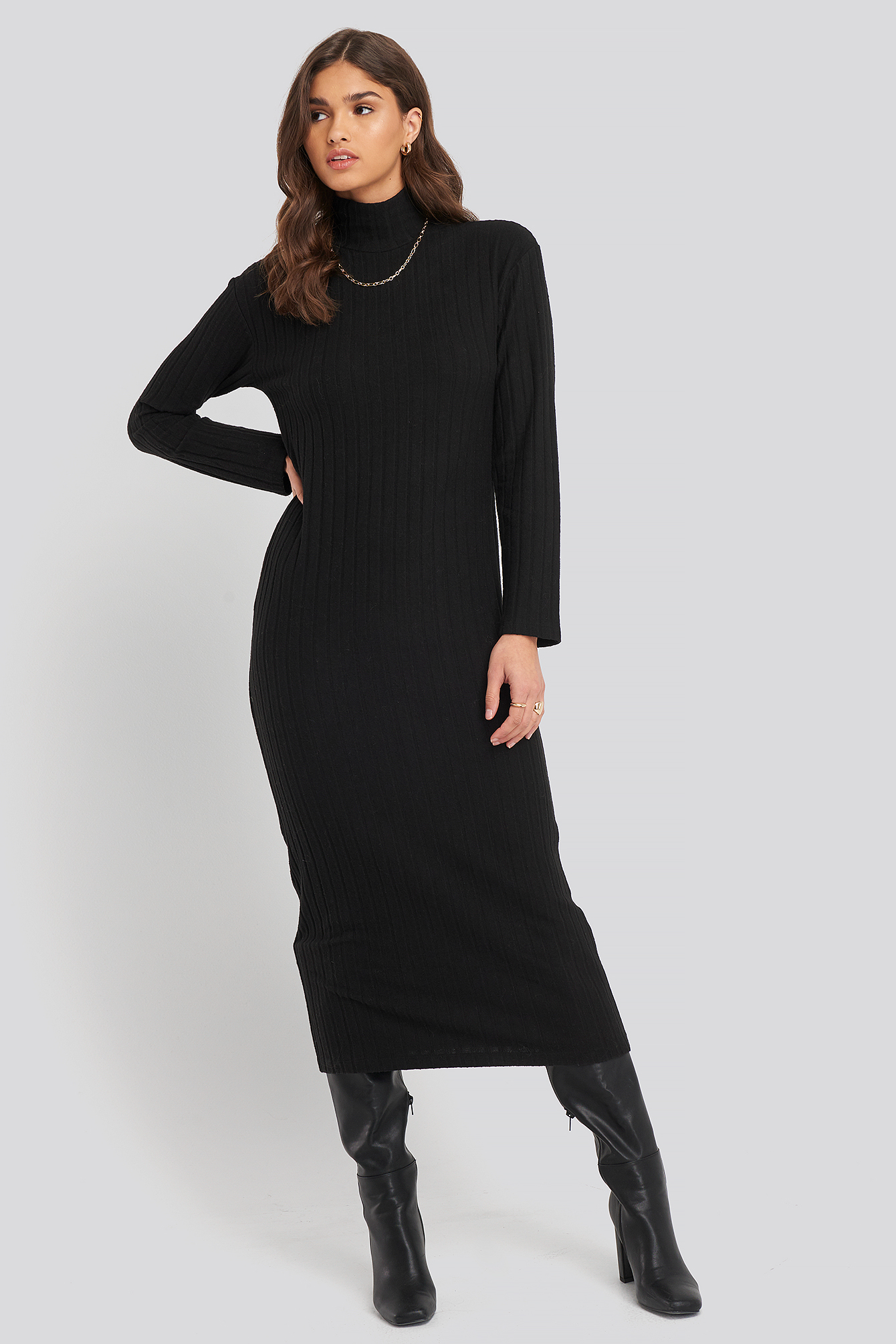 High Neck Ribbed Ankle Length Knitted Dress Black