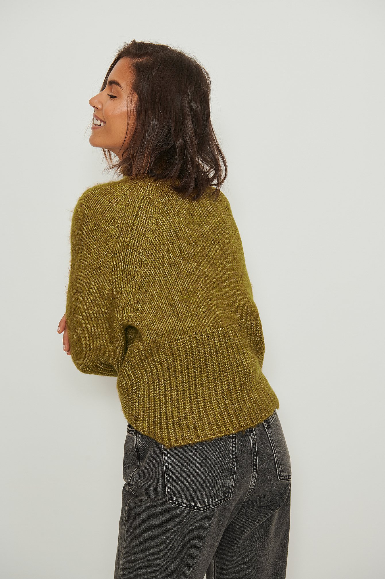 Olive Green High Neck Ribbed Balloon Sleeve Sweater