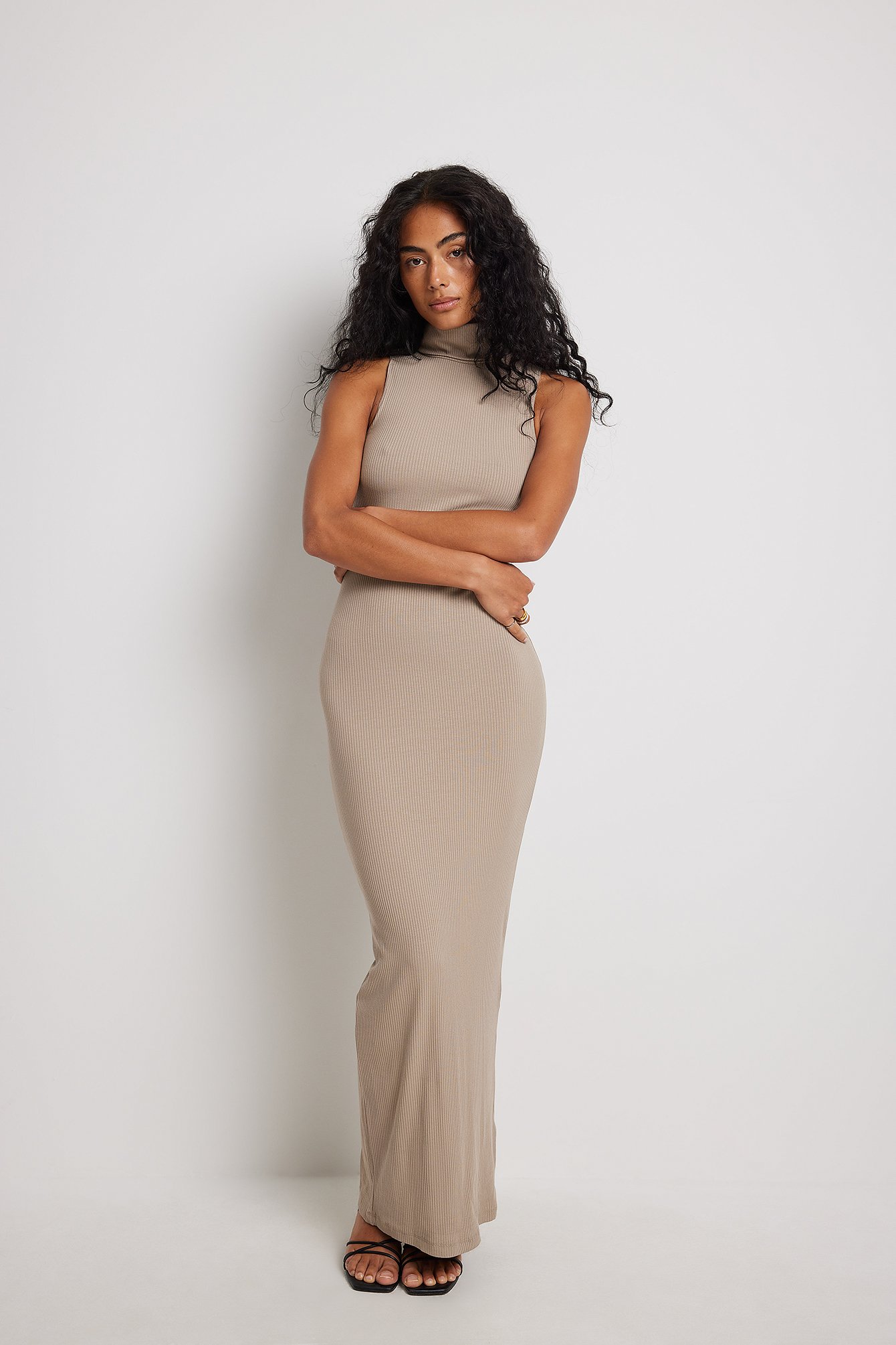 Taupe High Neck Ribbed Maxi Dress
