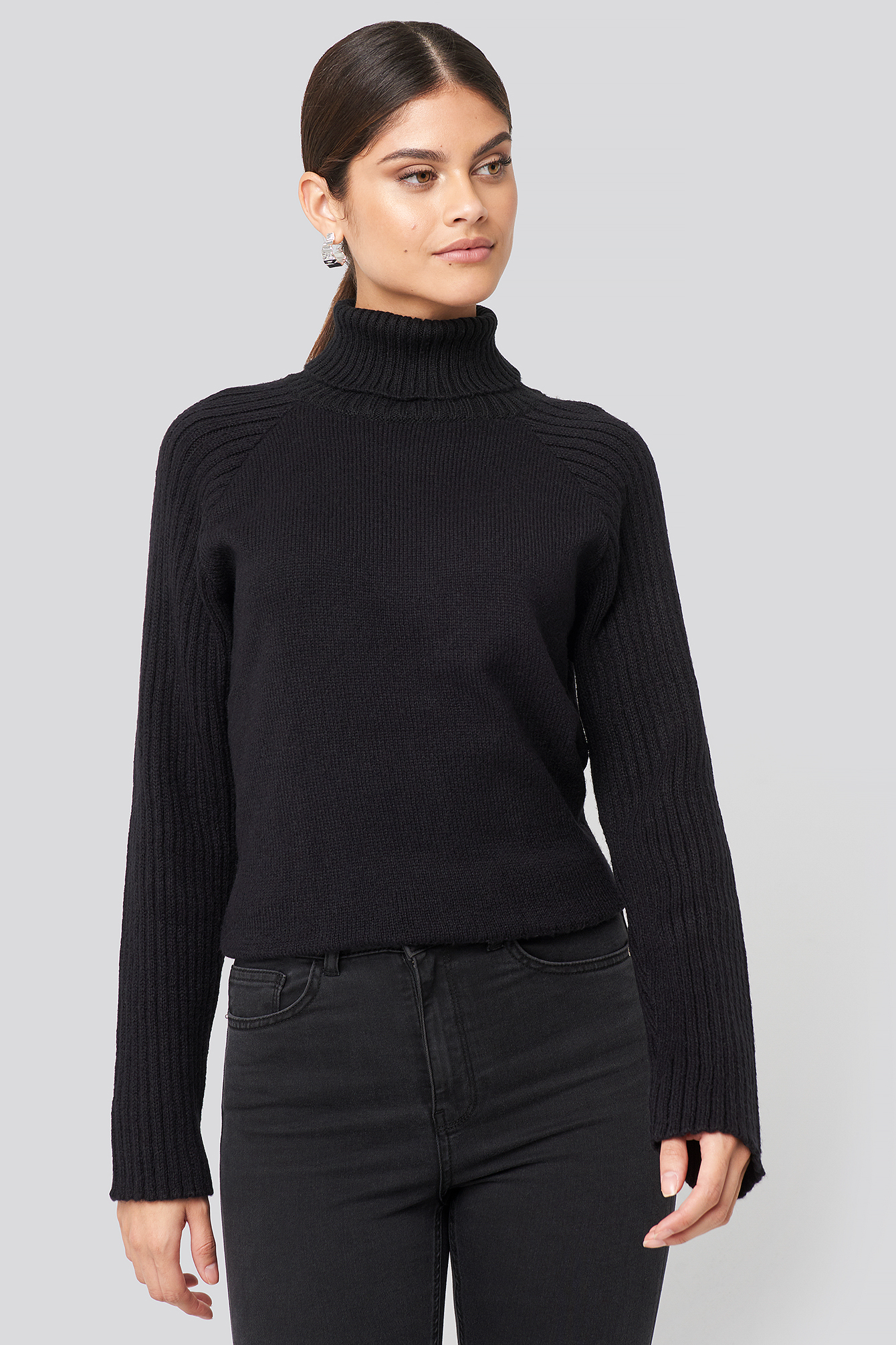 High Neck Ribbed Sleeves Sweater Deep Black