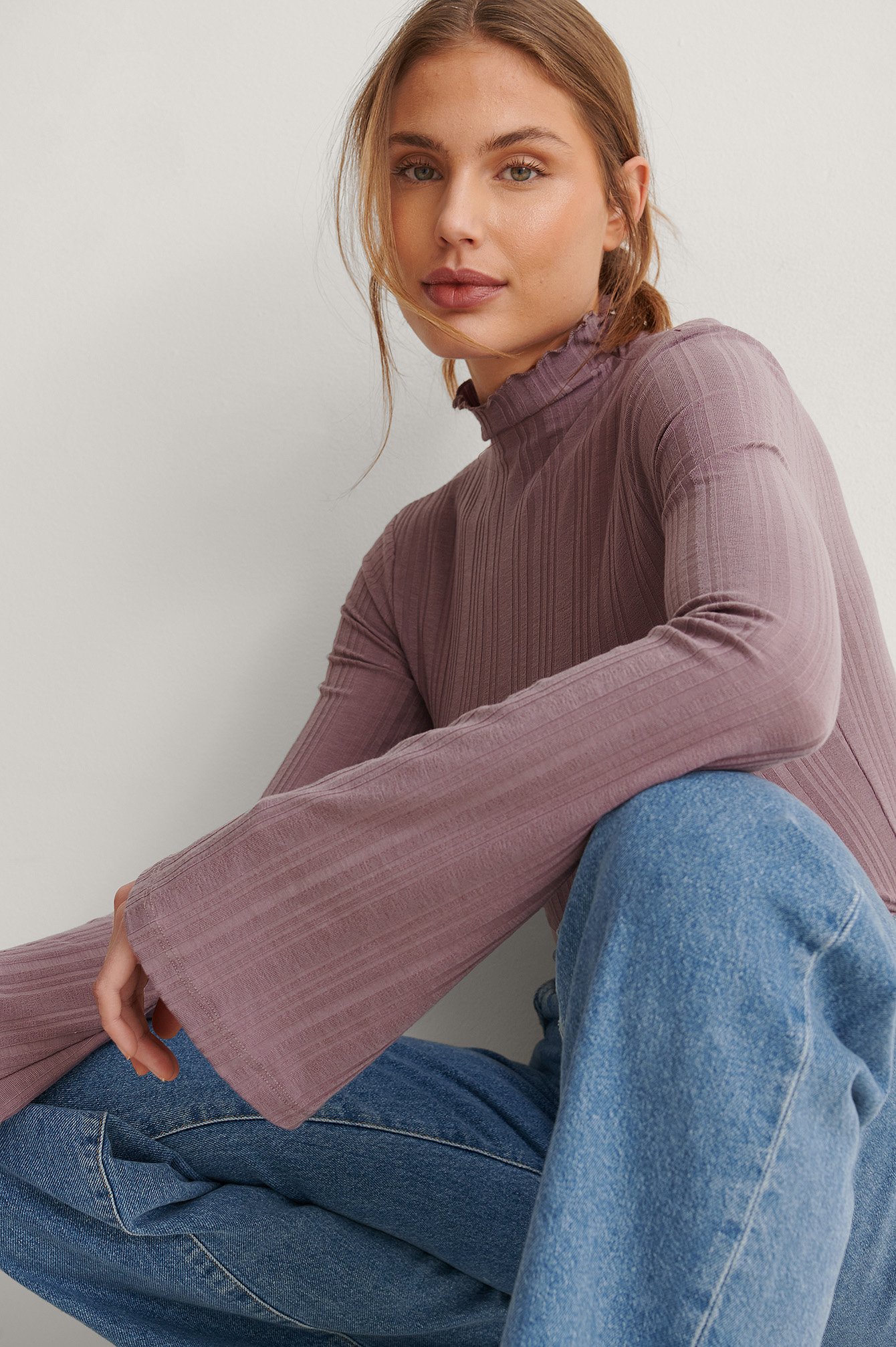 Lilac Recycled High Neck Ribbed Trumpet Sleeve Top