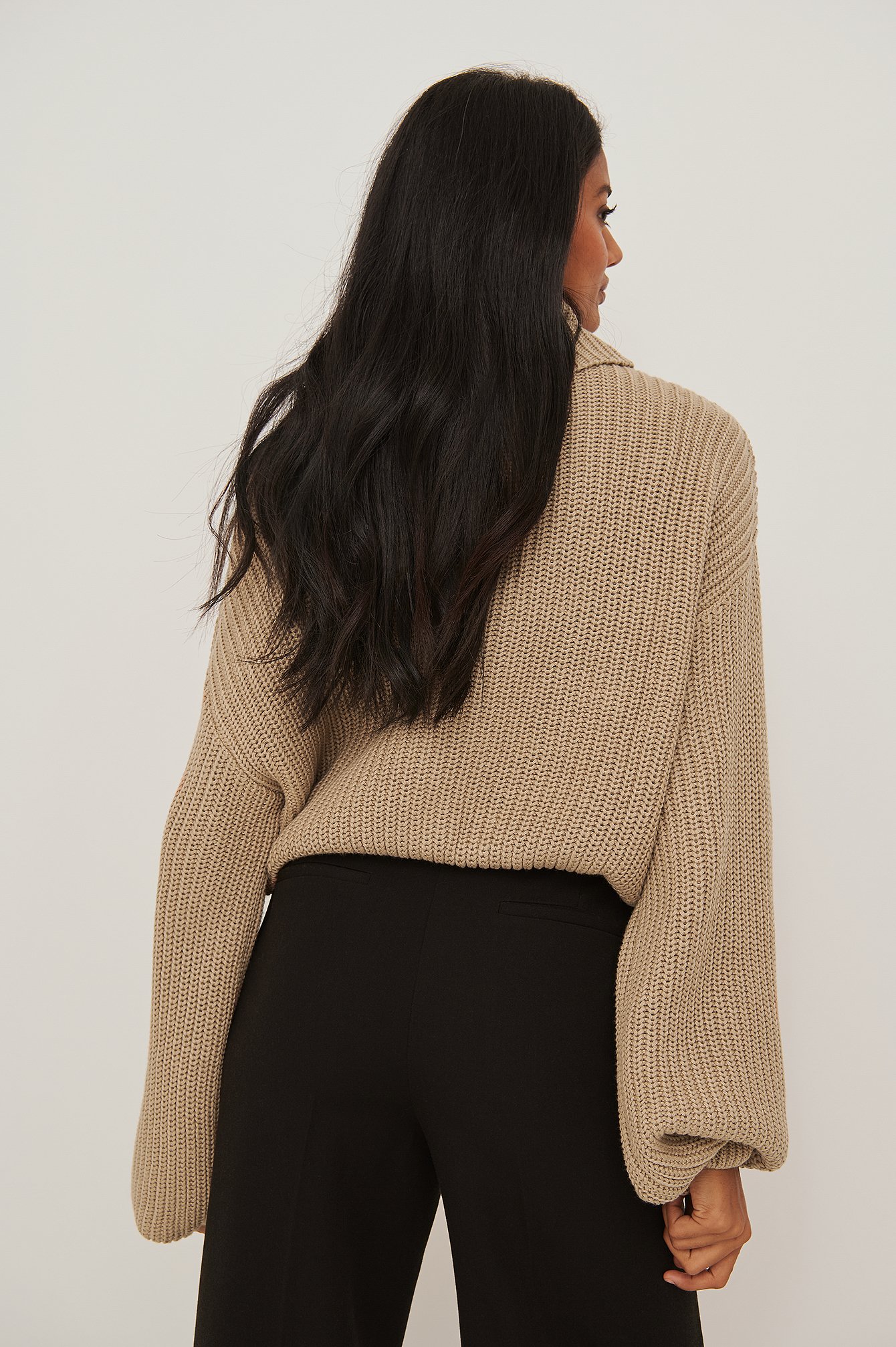 Beige Organic Turtle Neck Short Knitted Sweater