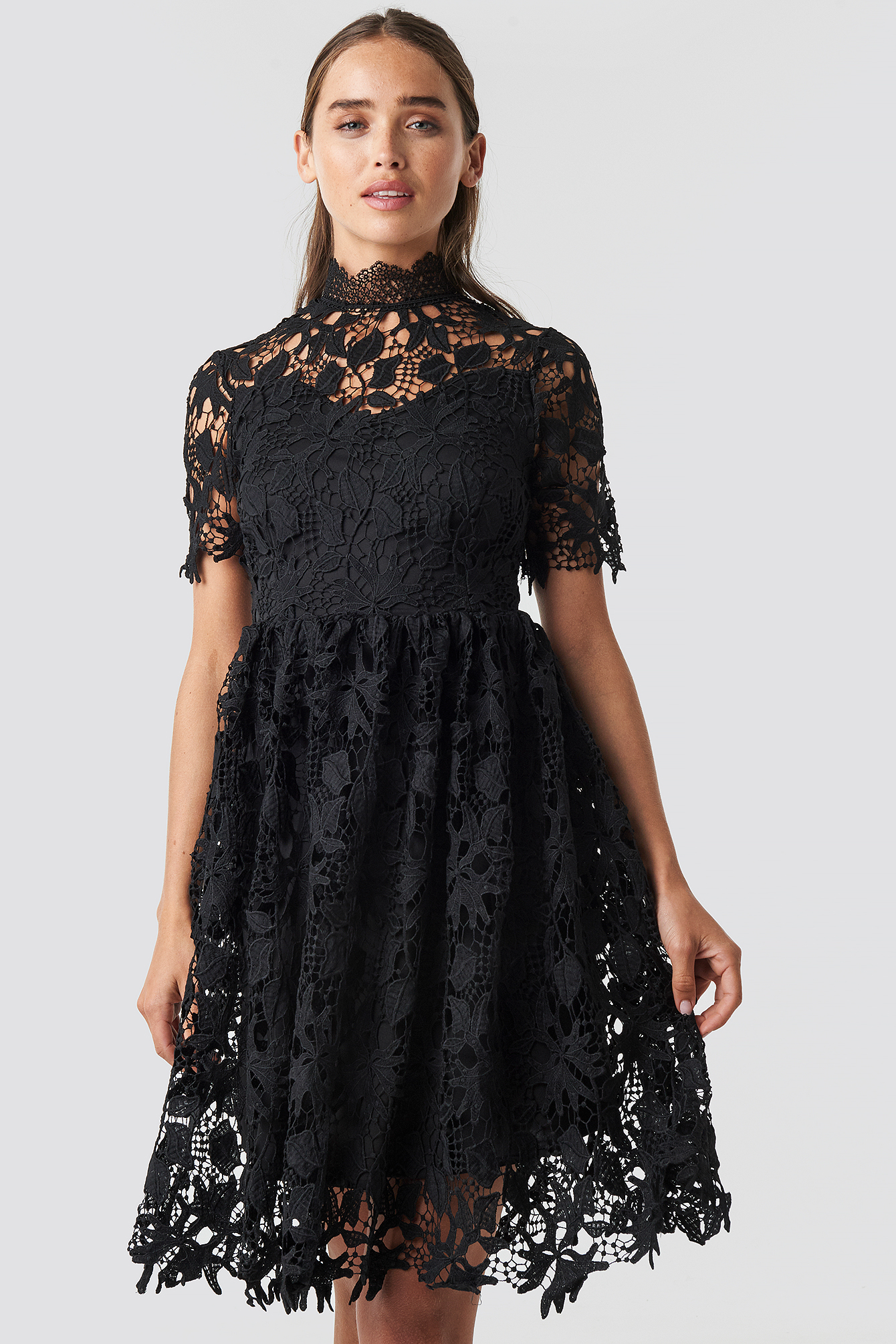 High Neck Short Sleeve Lace Dress Black