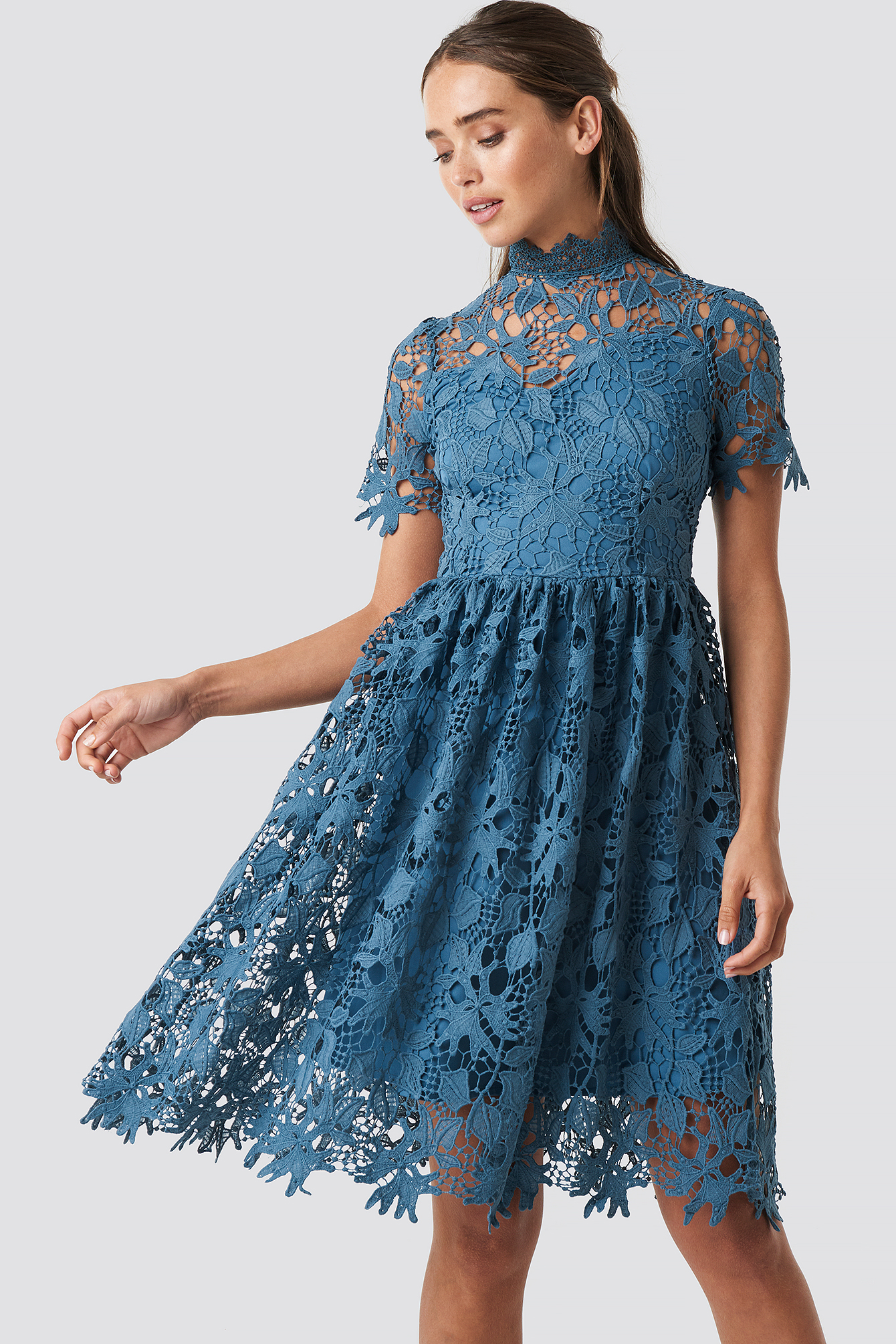 High Neck Short Sleeve Lace Dress Dark Dusty Blue