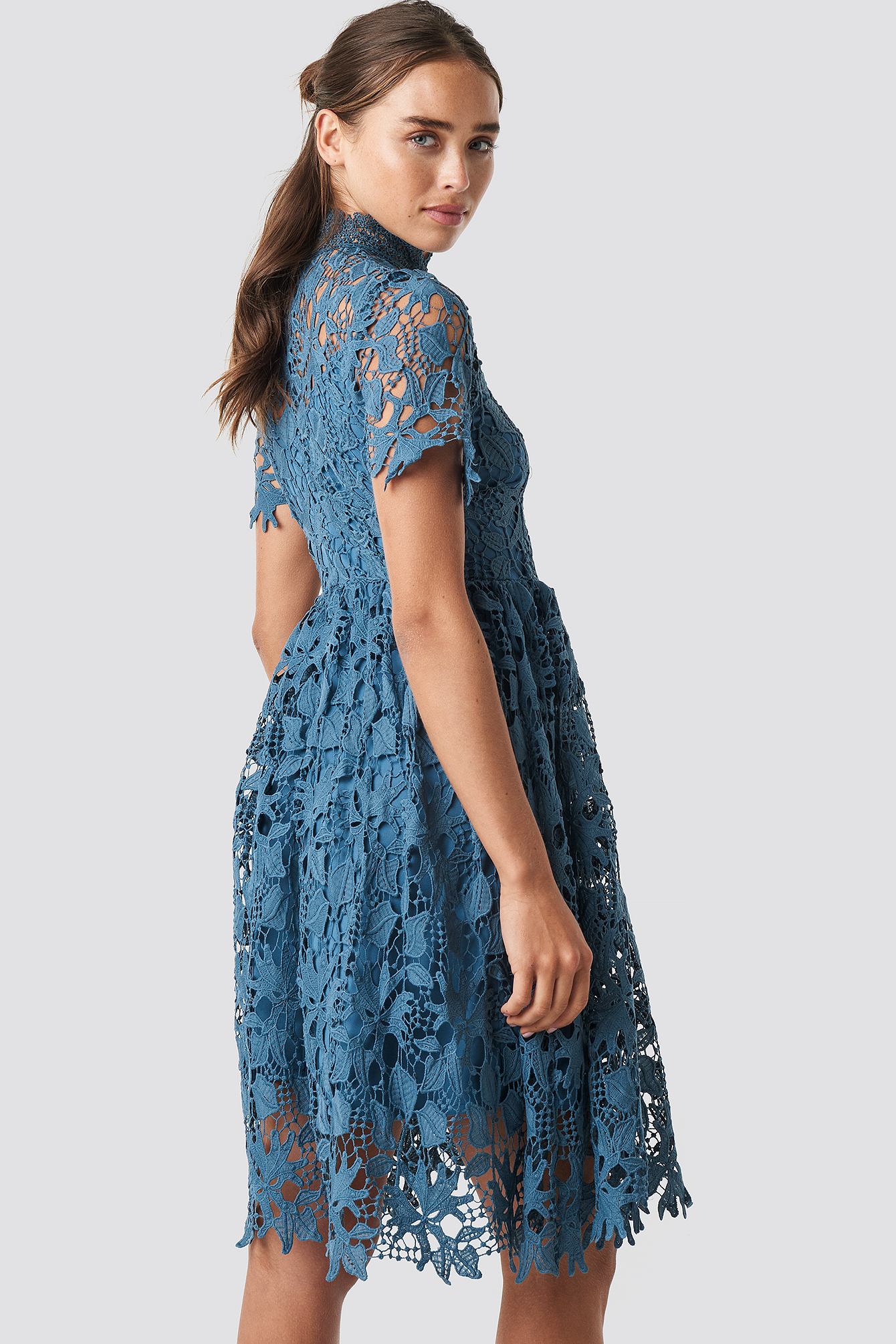 High Neck Short Sleeve Lace Dress Blue 
