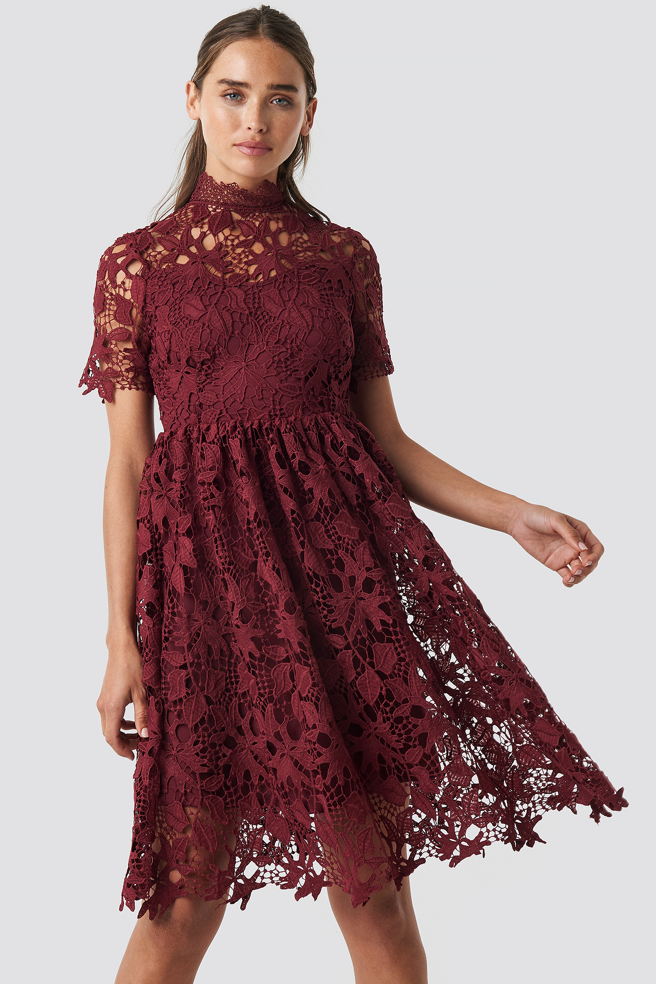 High Neck Short Sleeve Lace Dress Rustic Red