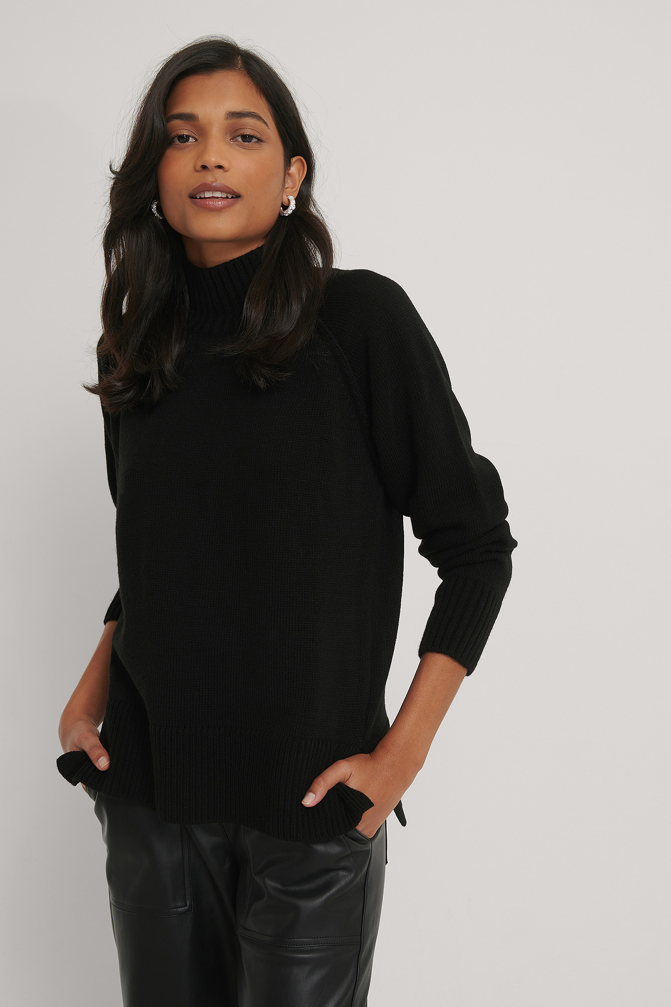 High Neck Side Slit Knitted Sweater 