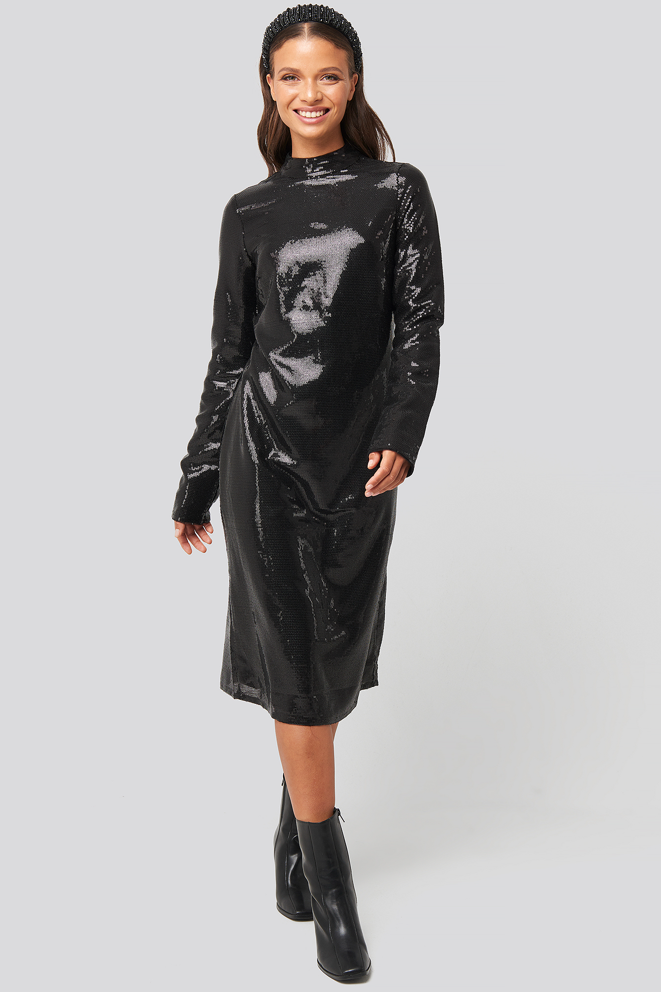 High Neck Straight Sequins Dress Black