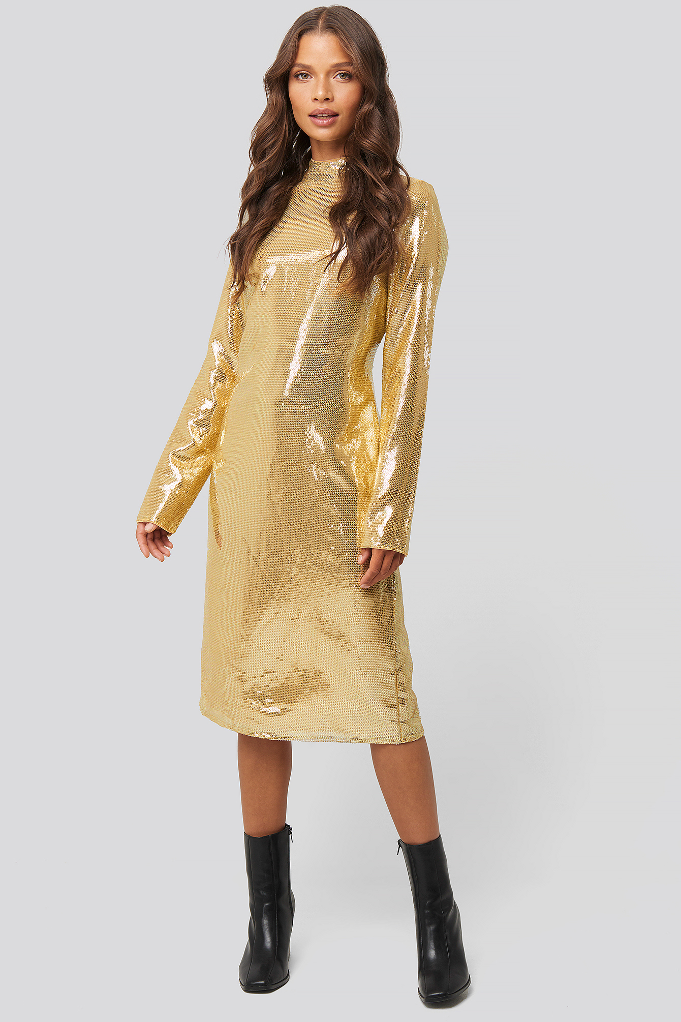 High Neck Straight Sequins Dress Gold