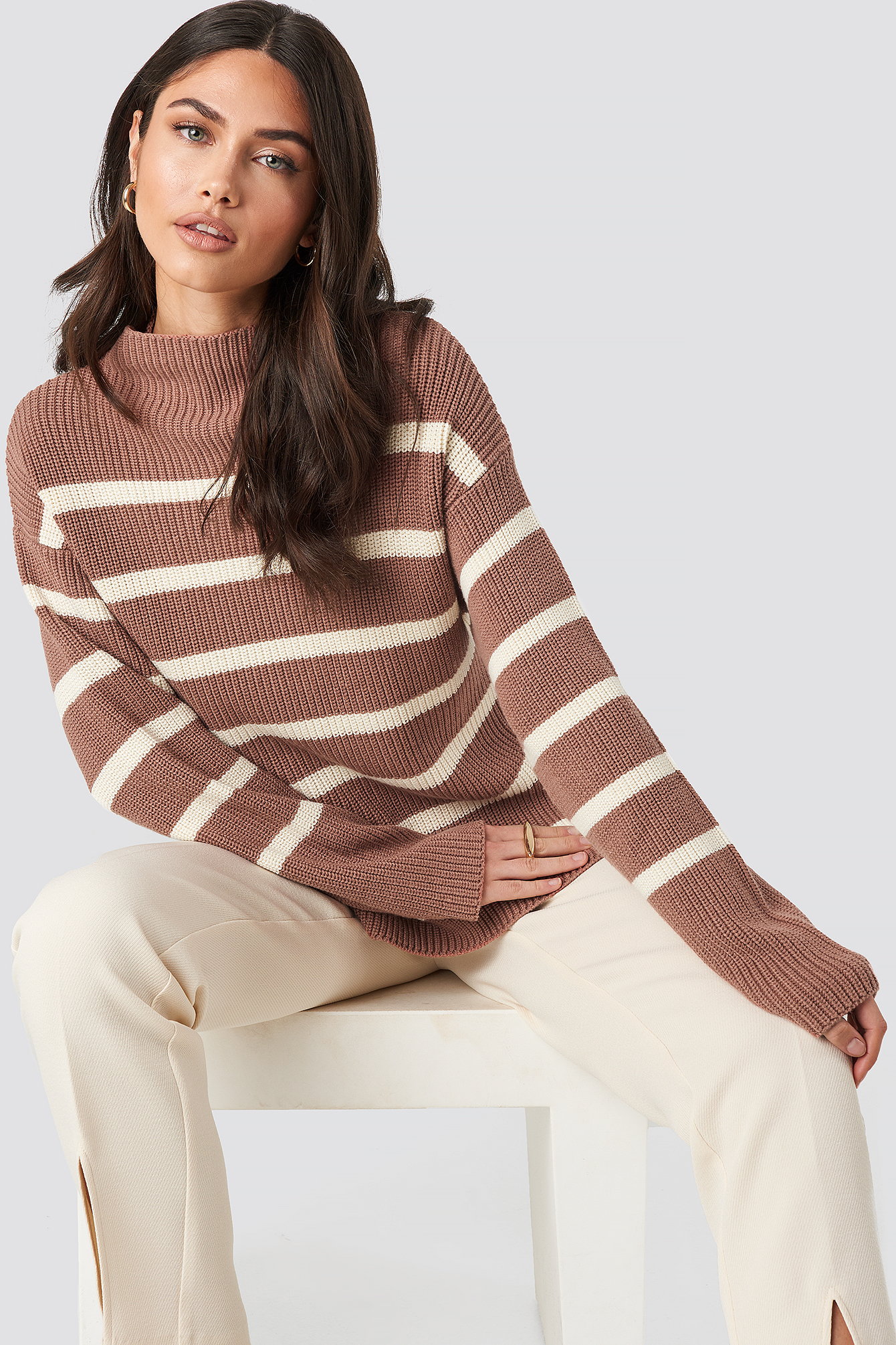 High Neck Striped Knitted Sweater Dusty Dark Pink