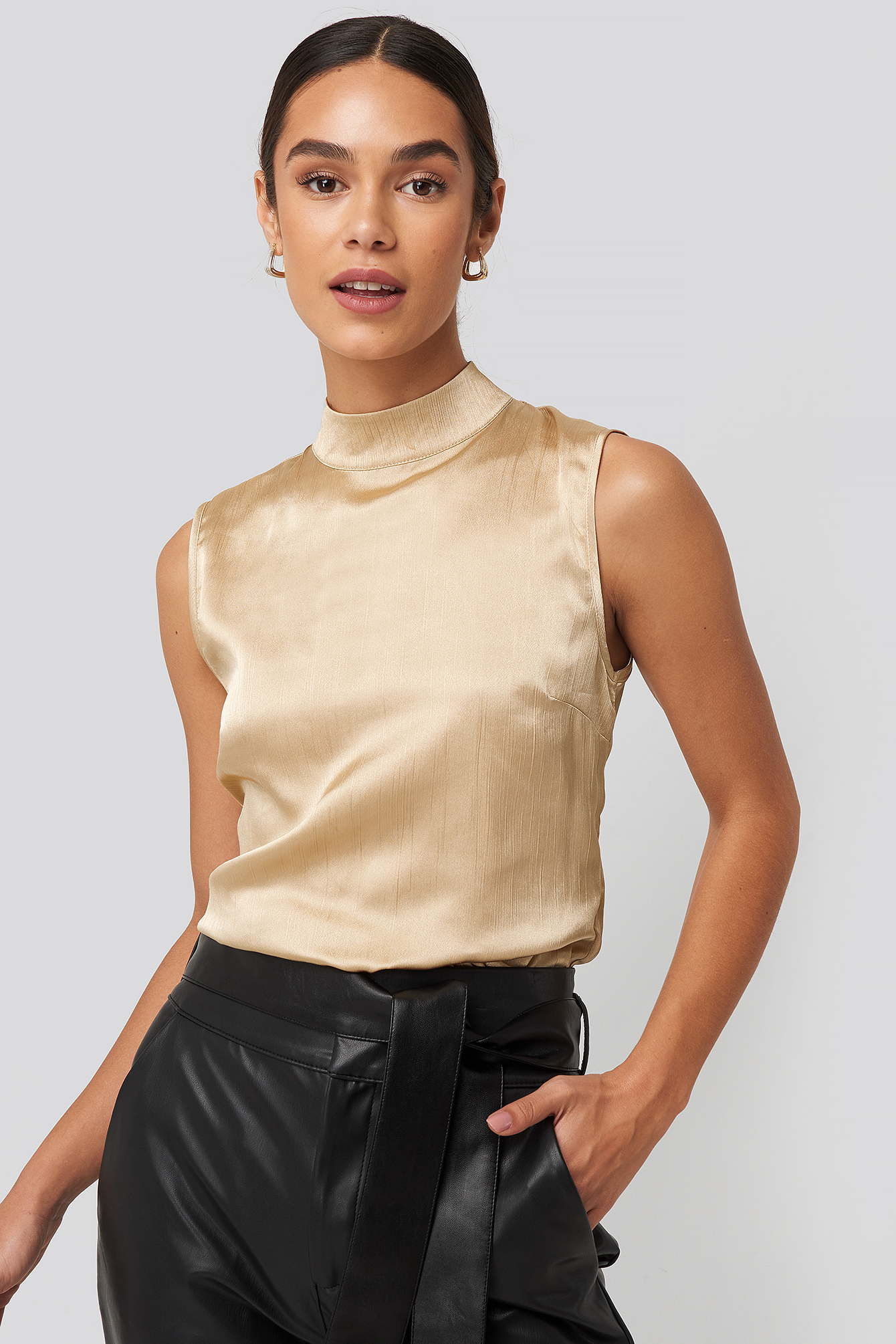 High Neck Structured Satin Top Beige