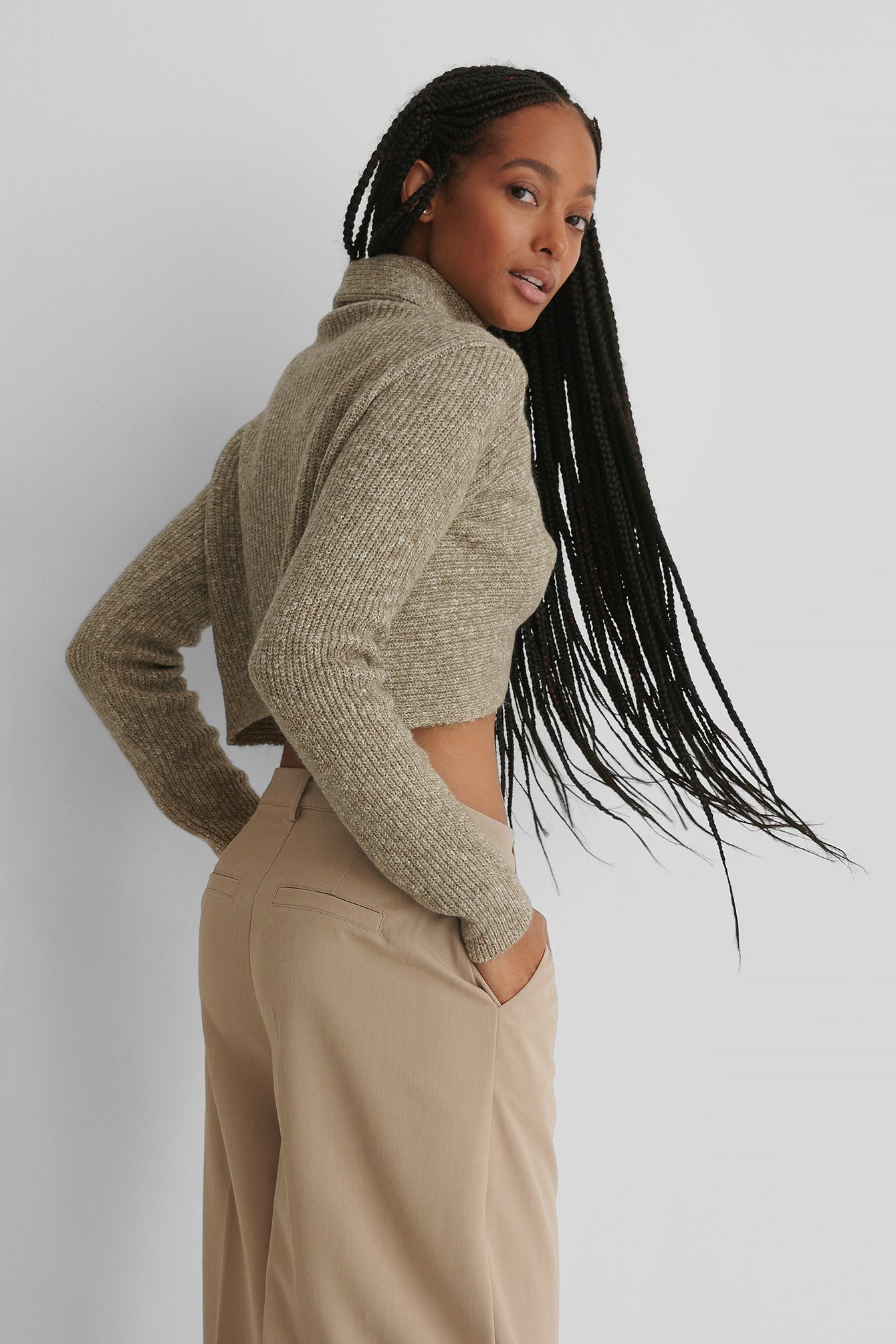 Beige Melange High Neck Wrapped Knitted Sweater