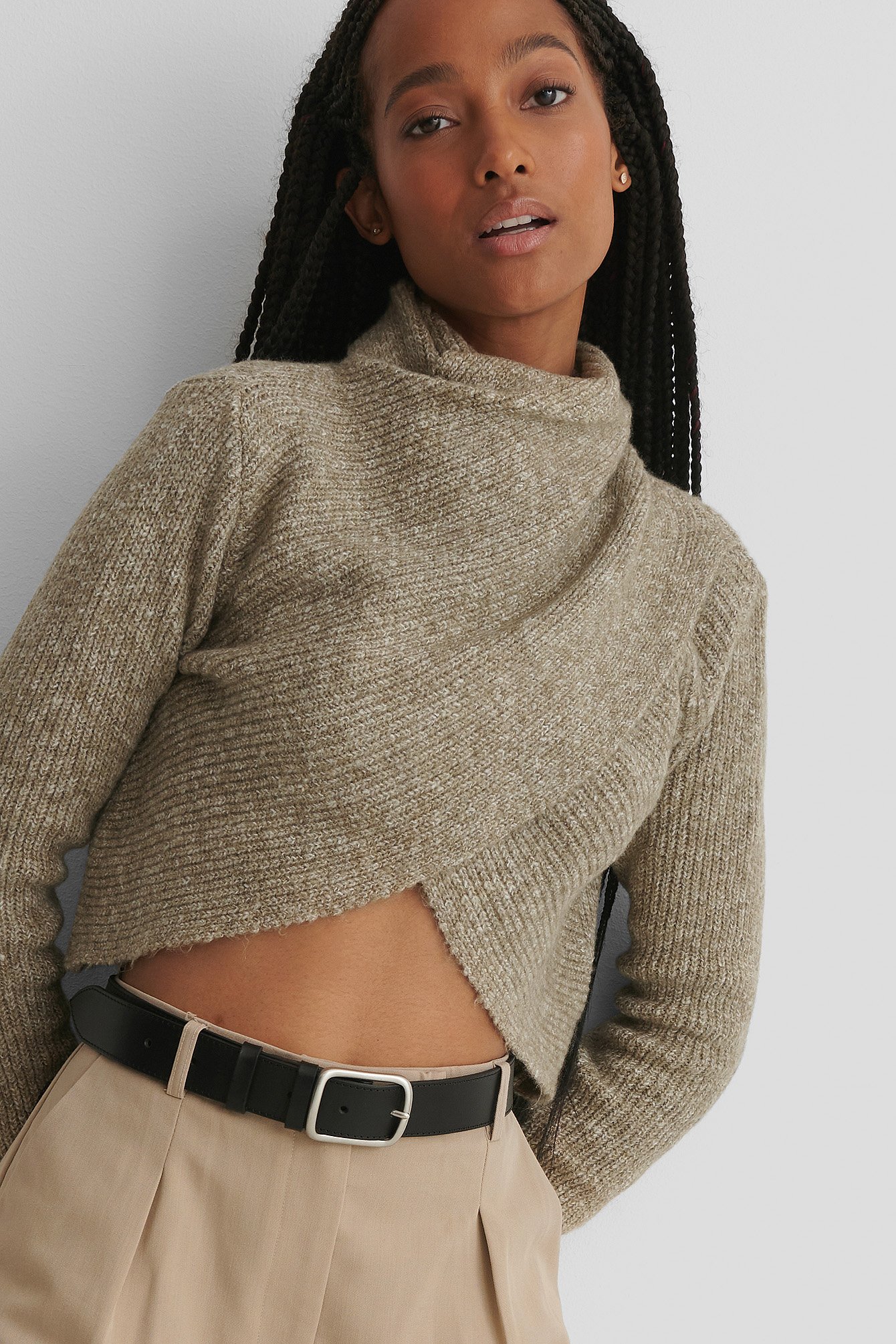 Beige Melange High Neck Wrapped Knitted Sweater