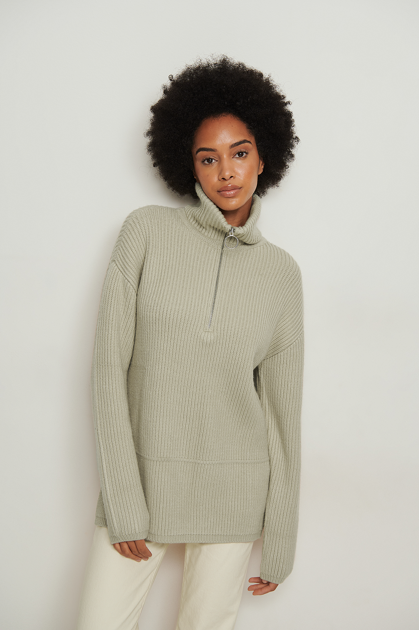 High Neck Zipped Knitted Sweater Grey 