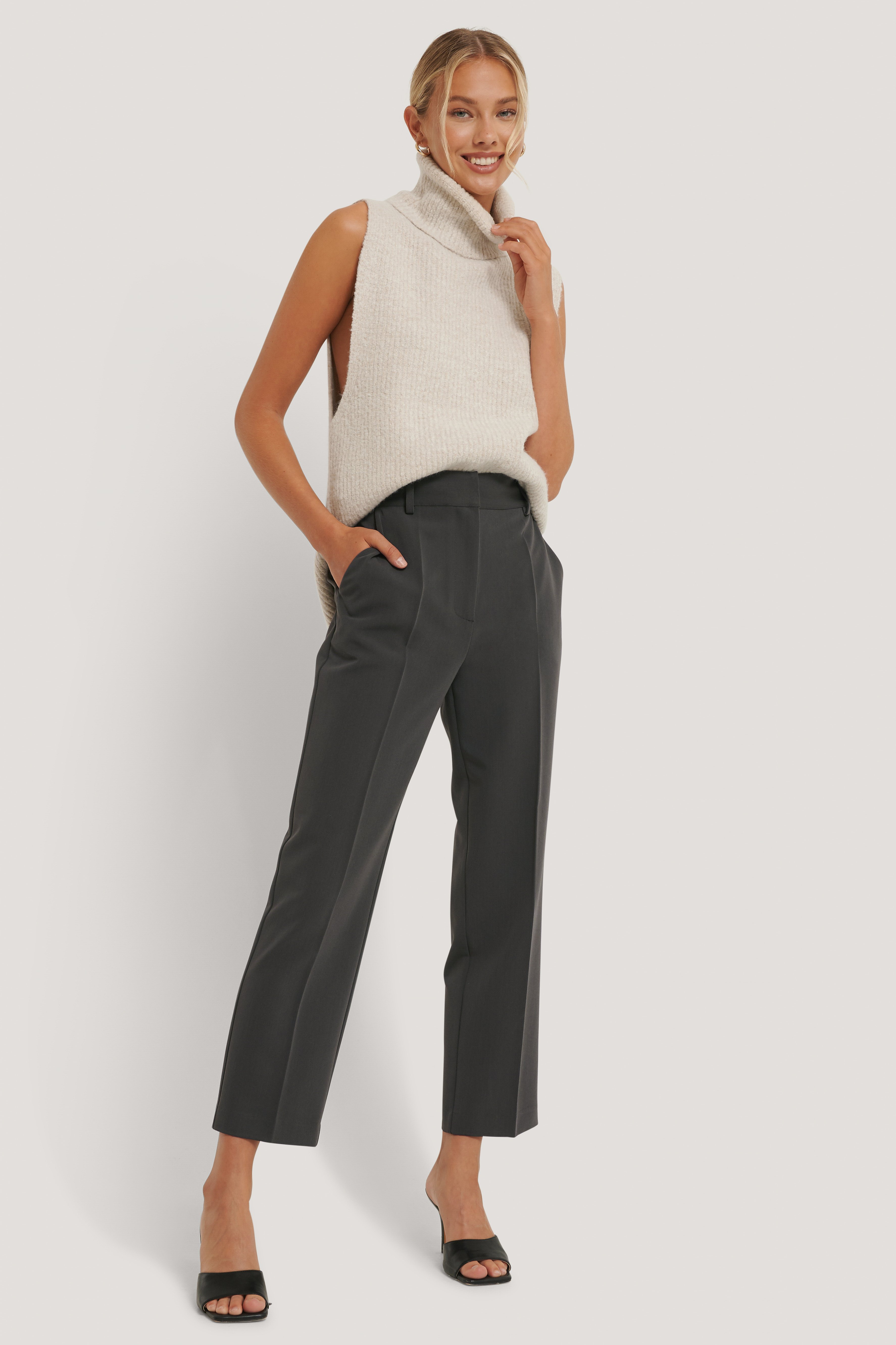 Dark Grey High Rise Cropped Suit Pants