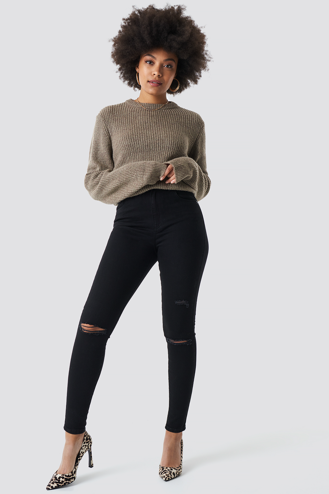 High Waist Knee Rip Super Skinny Jeans Black