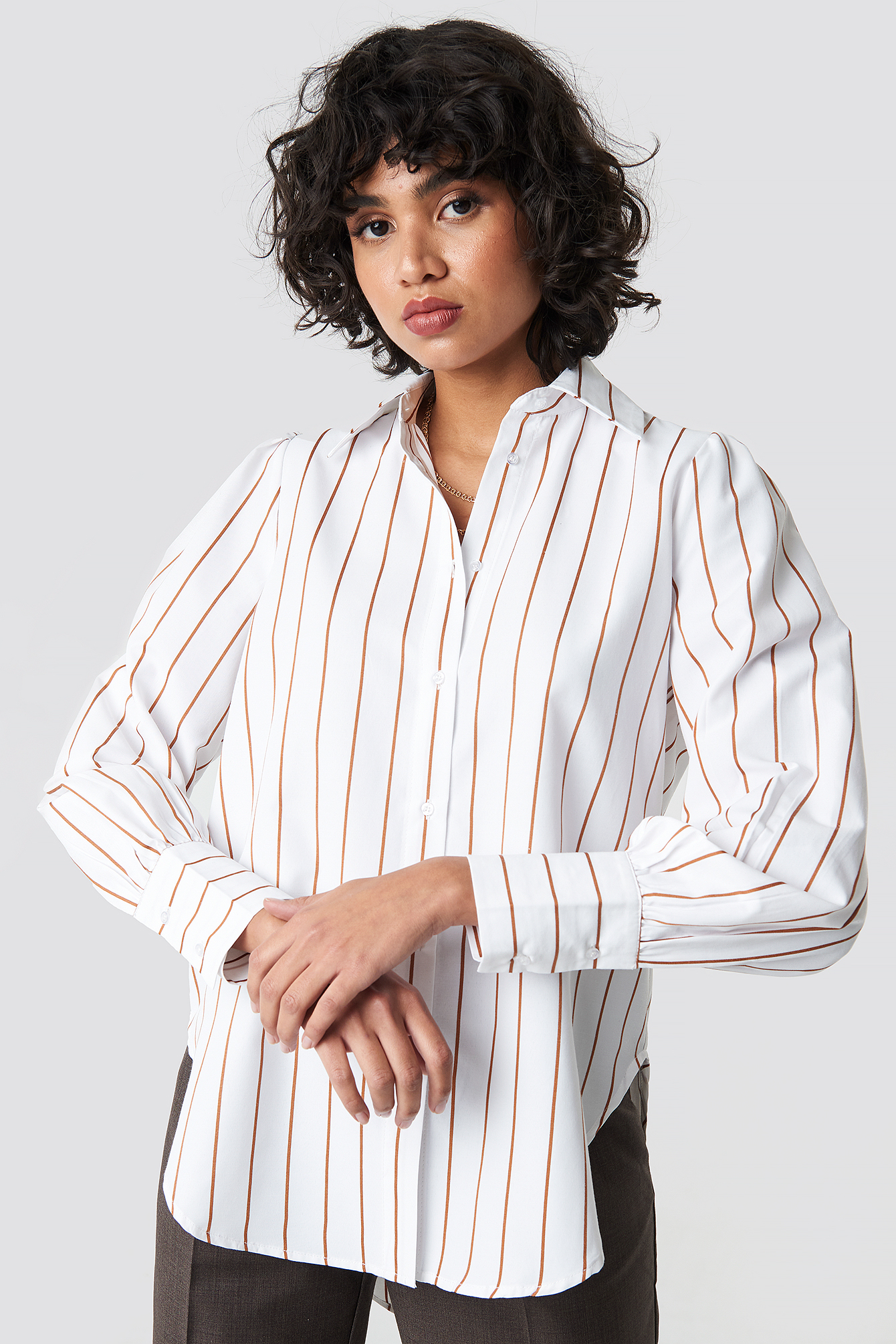 High Slit Oversized Striped Shirt Brown/White