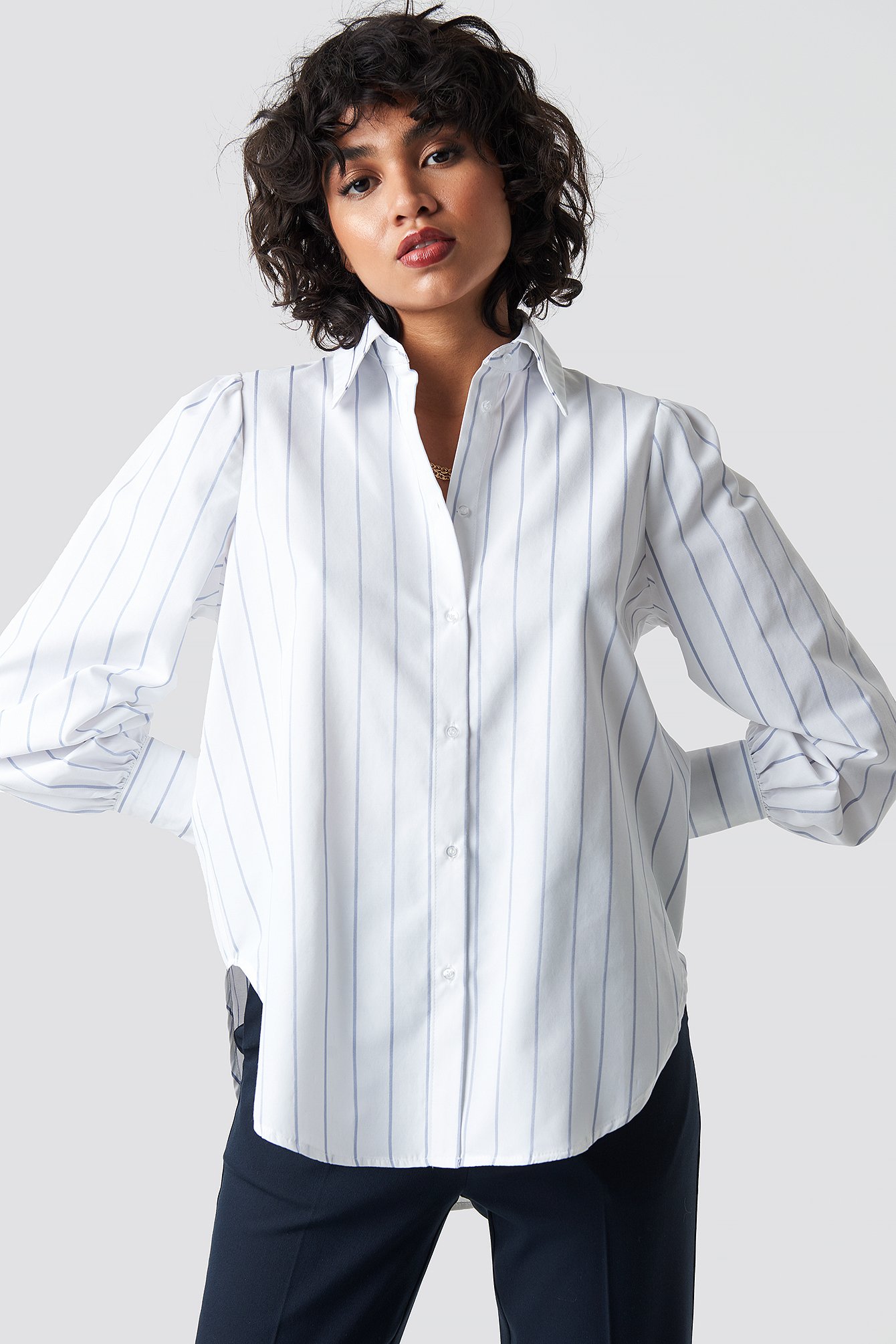 Light Blue/White Stripe High Slit Oversized Striped Shirt