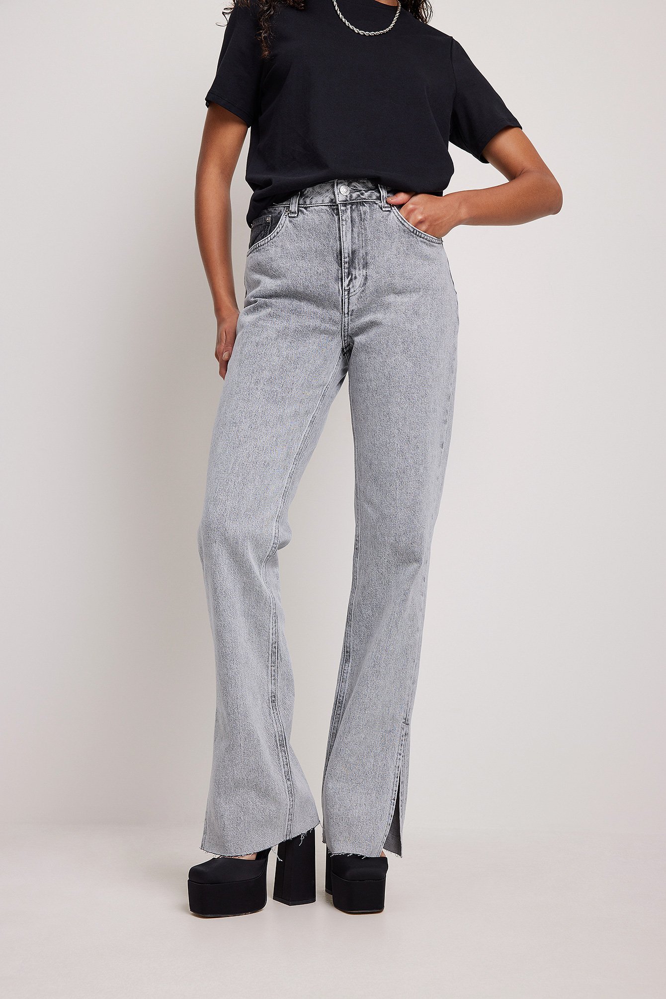 Washed Grey Organic High Slit Straight Jeans