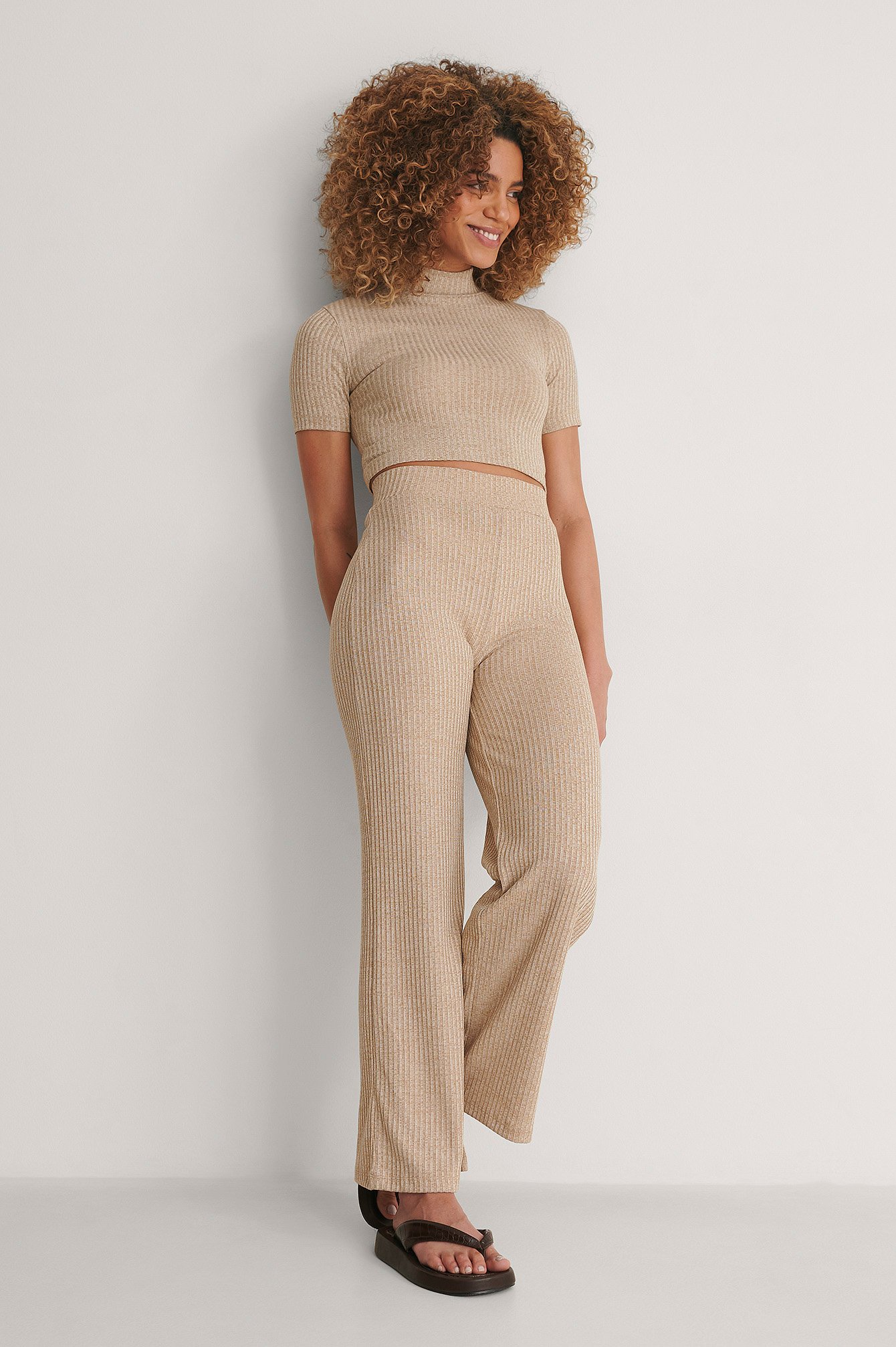 Beige Melange Recycled High Waist Ribbed Straight Pants