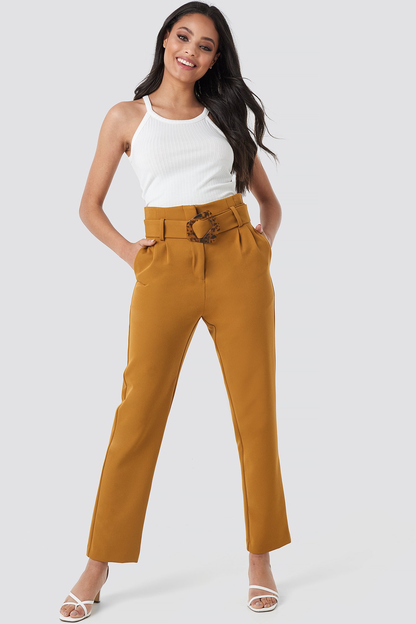 High Waist Asymmetric Belted Pants Brown | NA-KD