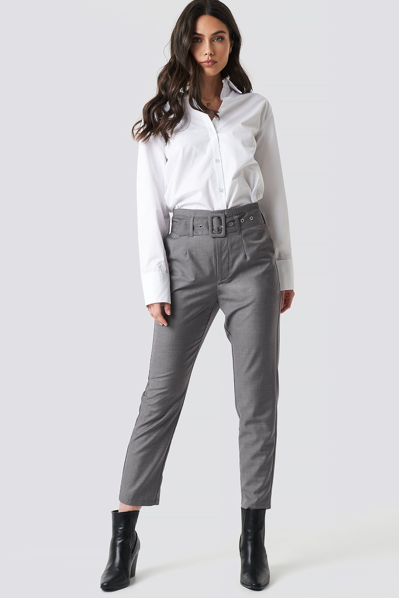 Grey NA-KD Classic High Waist Belted Pants
