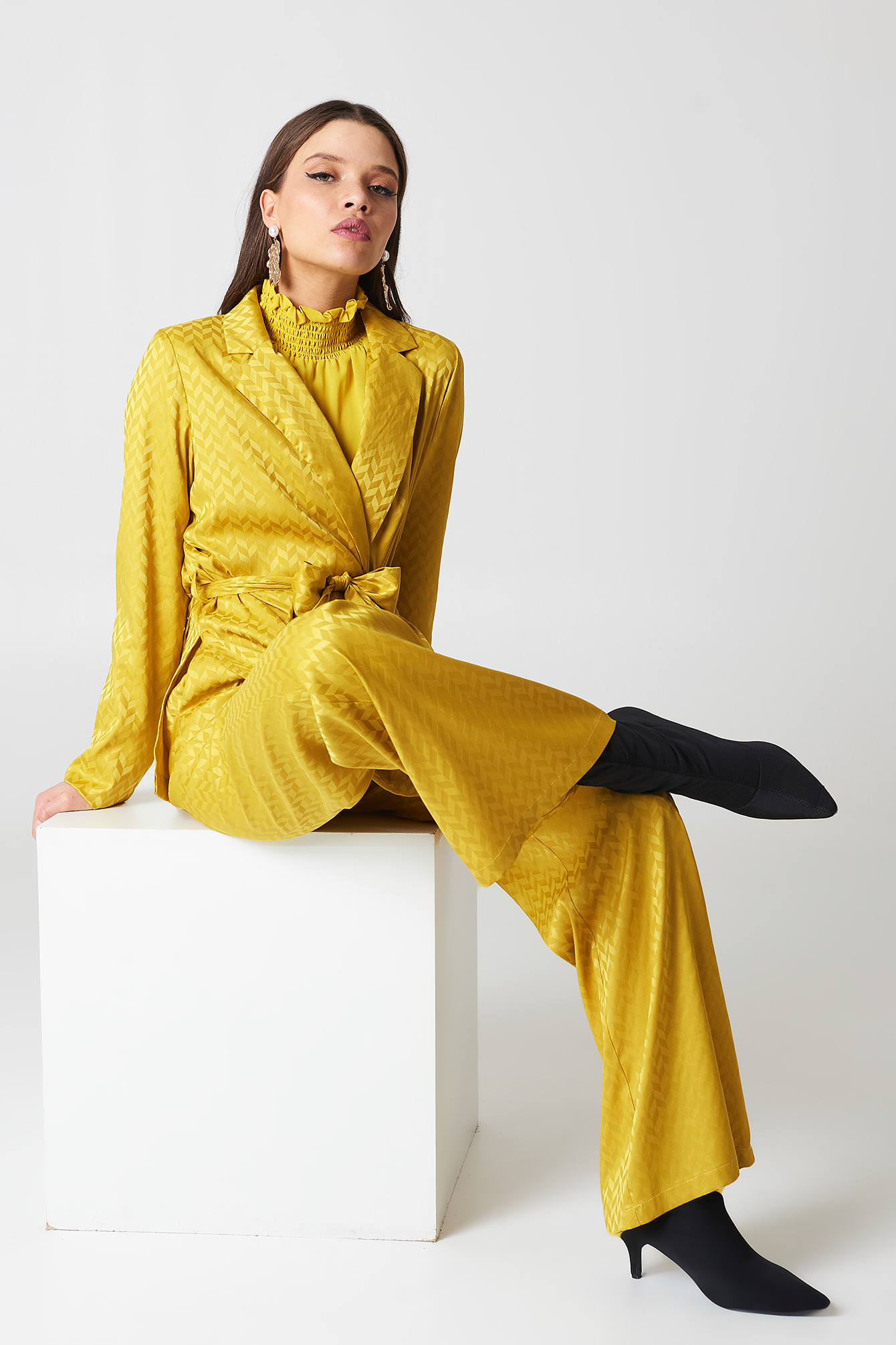 High Waist Flared Jacquard Pants Yellow
