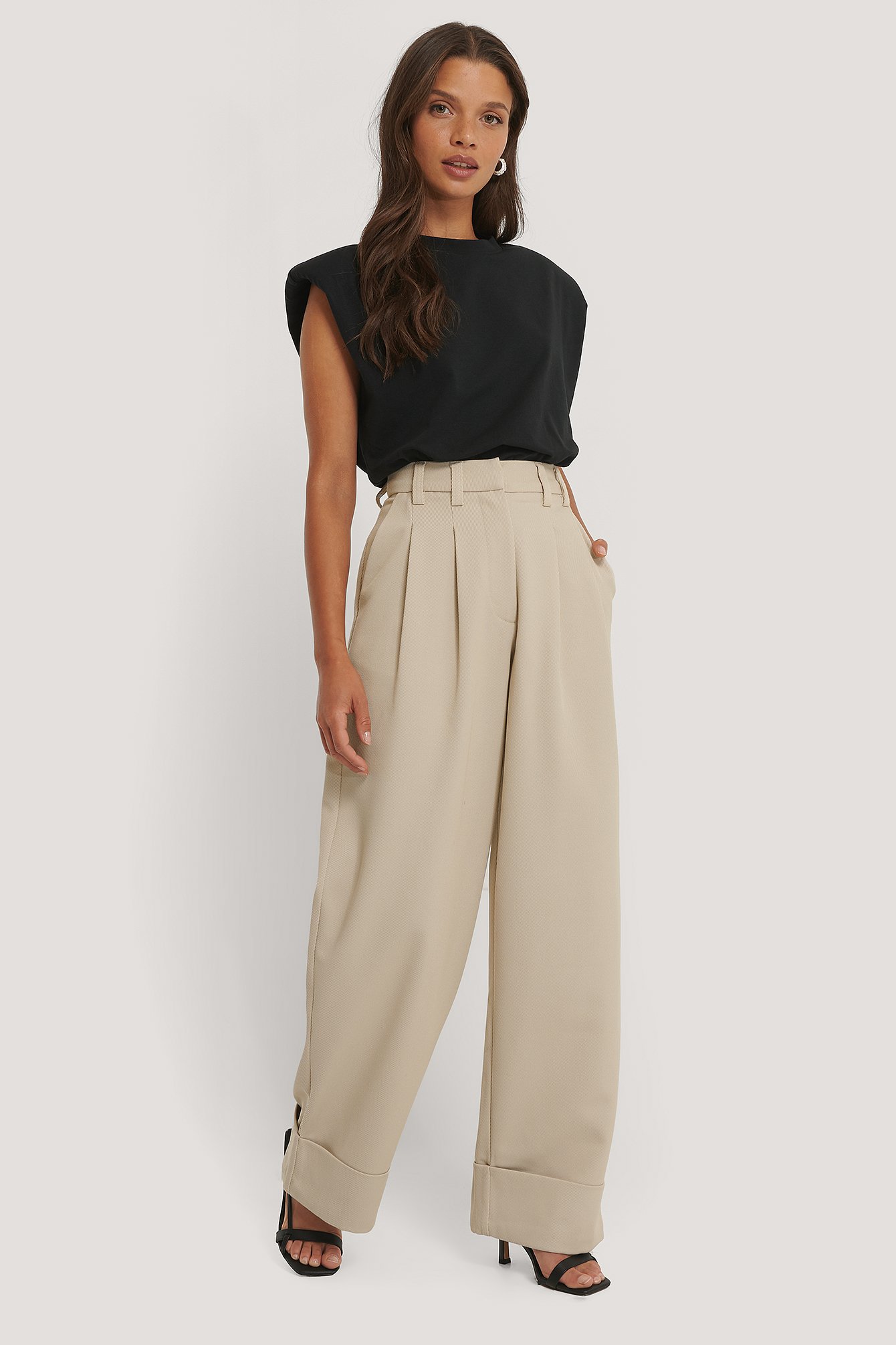 High Waist Folded Twill Pants Beige