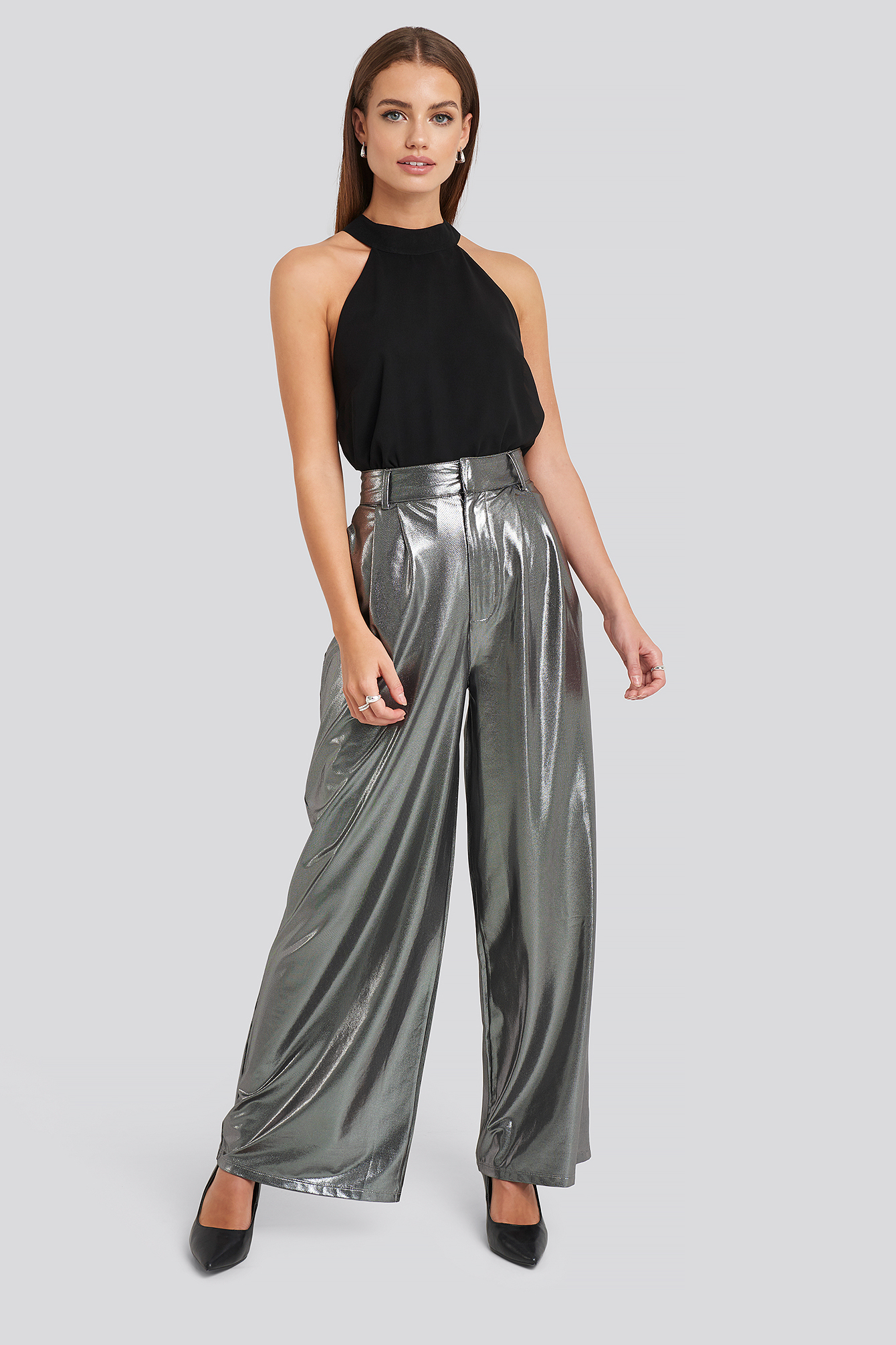 High Waist Front Pleat Wide Leg Pants Silver