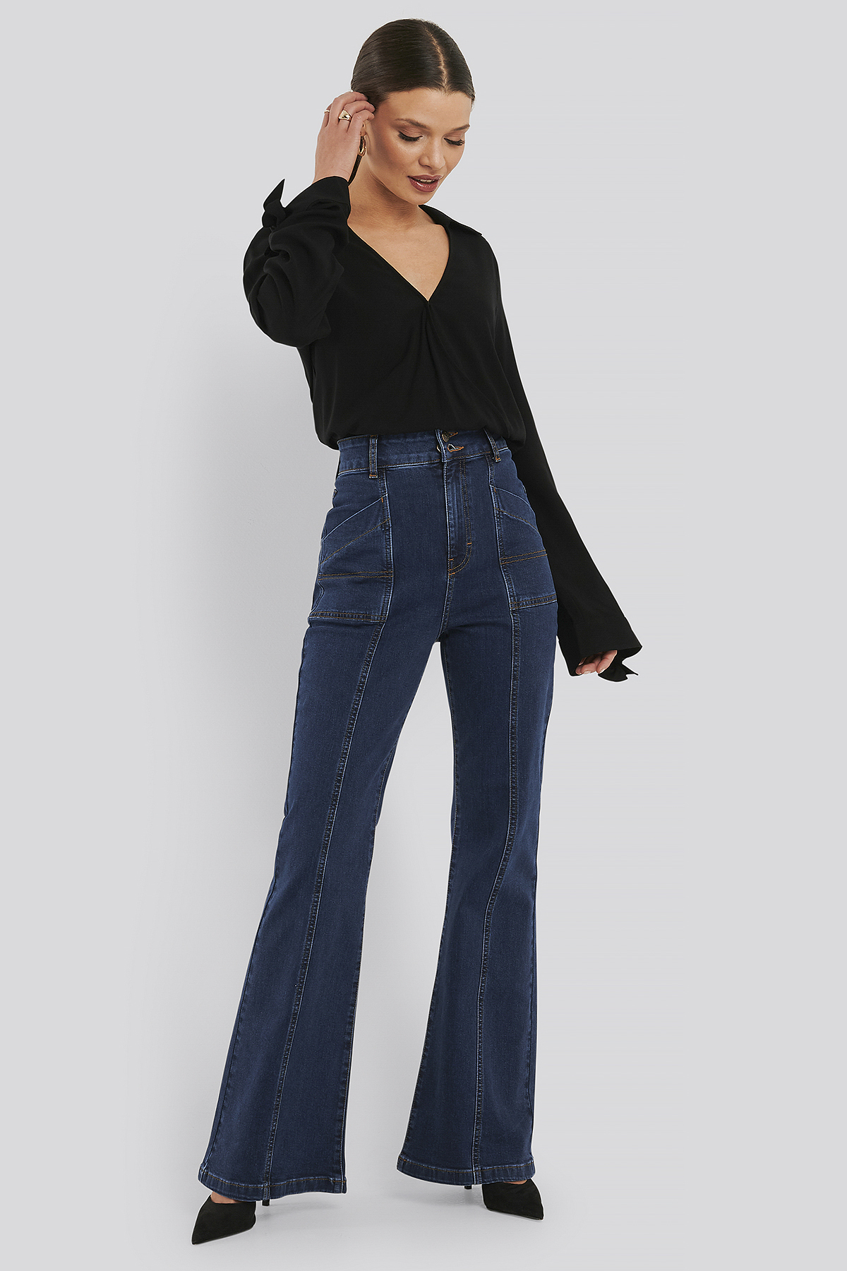 High Waist Front Seam Flare Jeans Blue