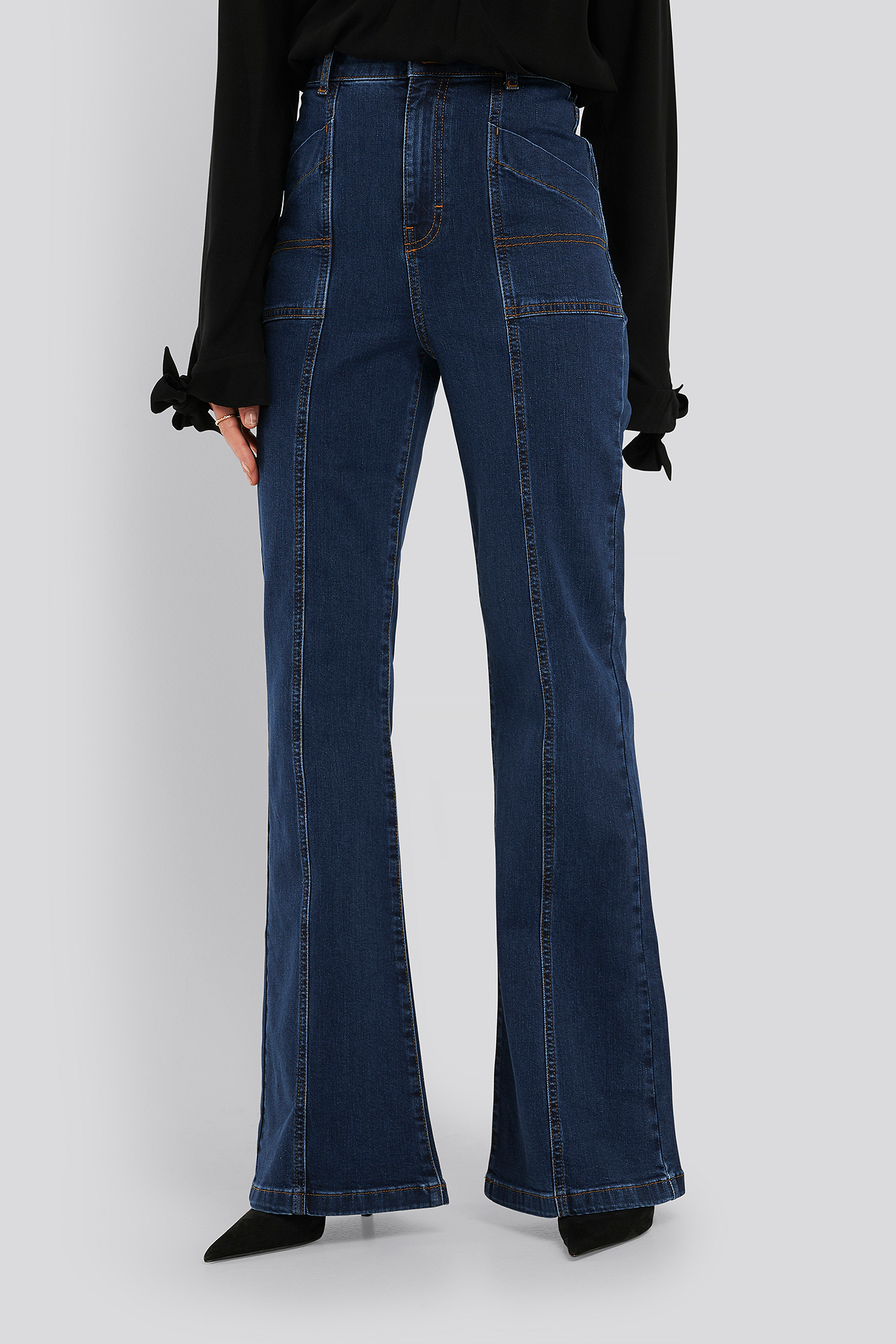 High Waist Front Seam Flare Jeans Blue 