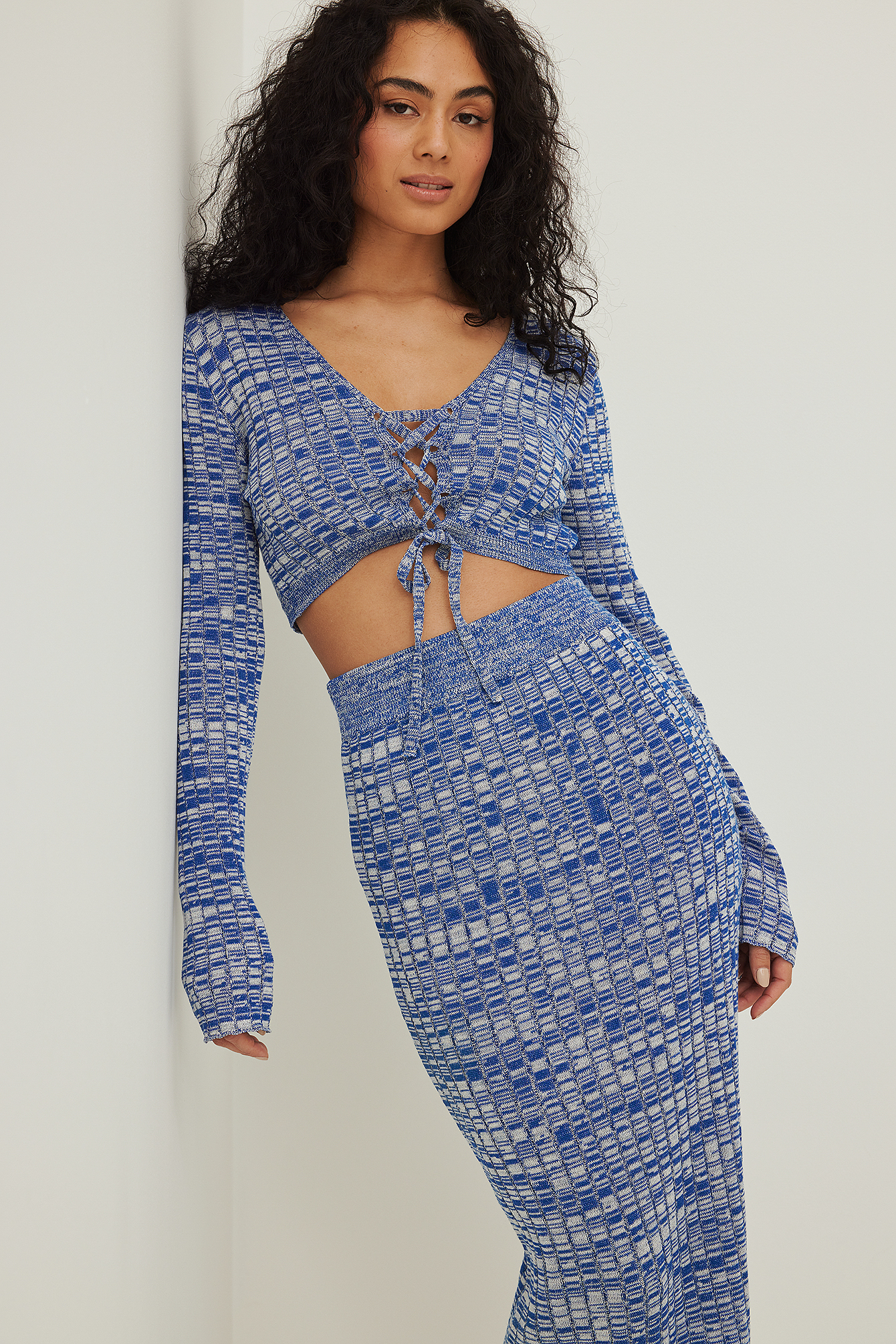 High Waist Knitted Midi Skirt Blue | na 