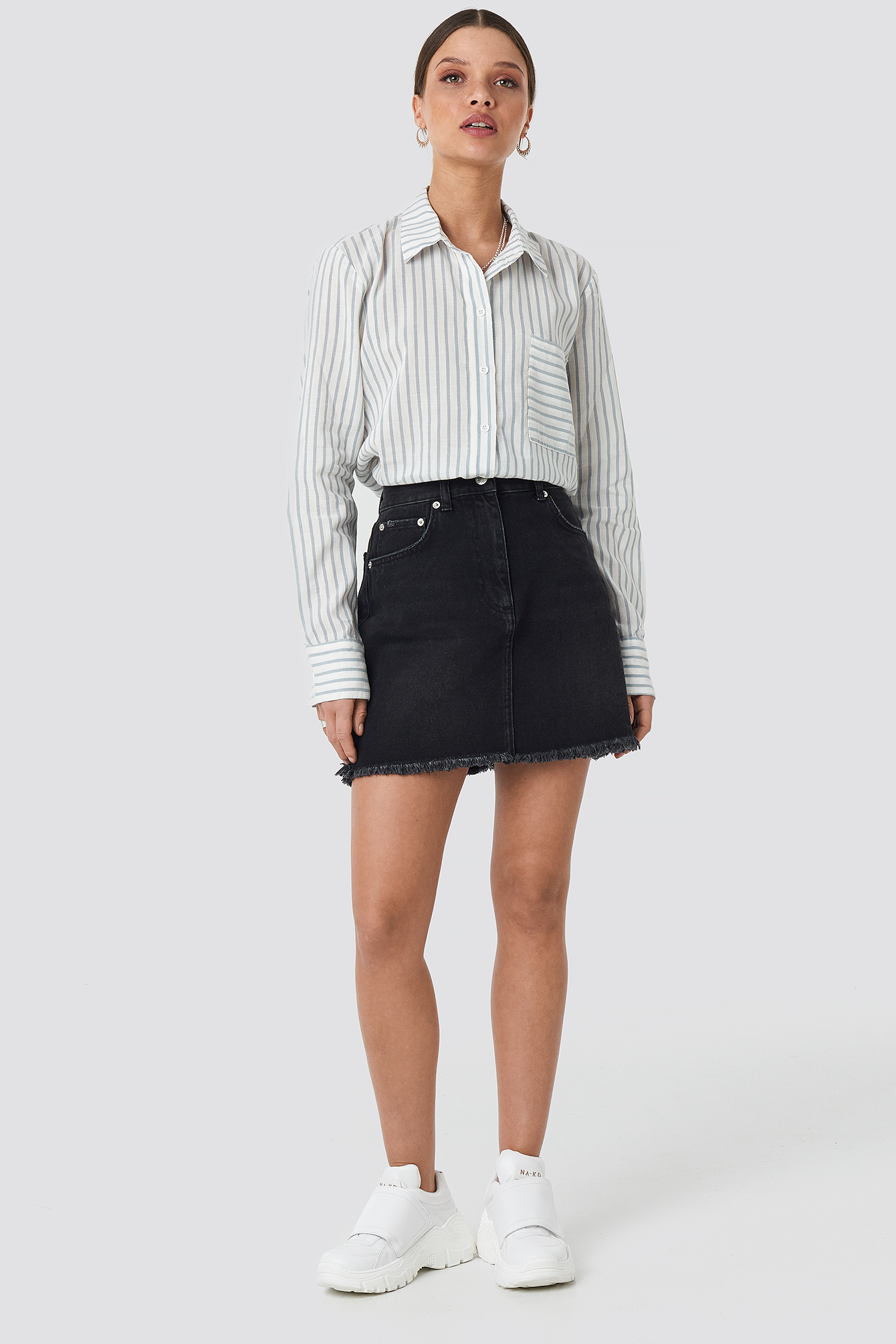 High Waist Raw Hem Denim Skirt Black Wash