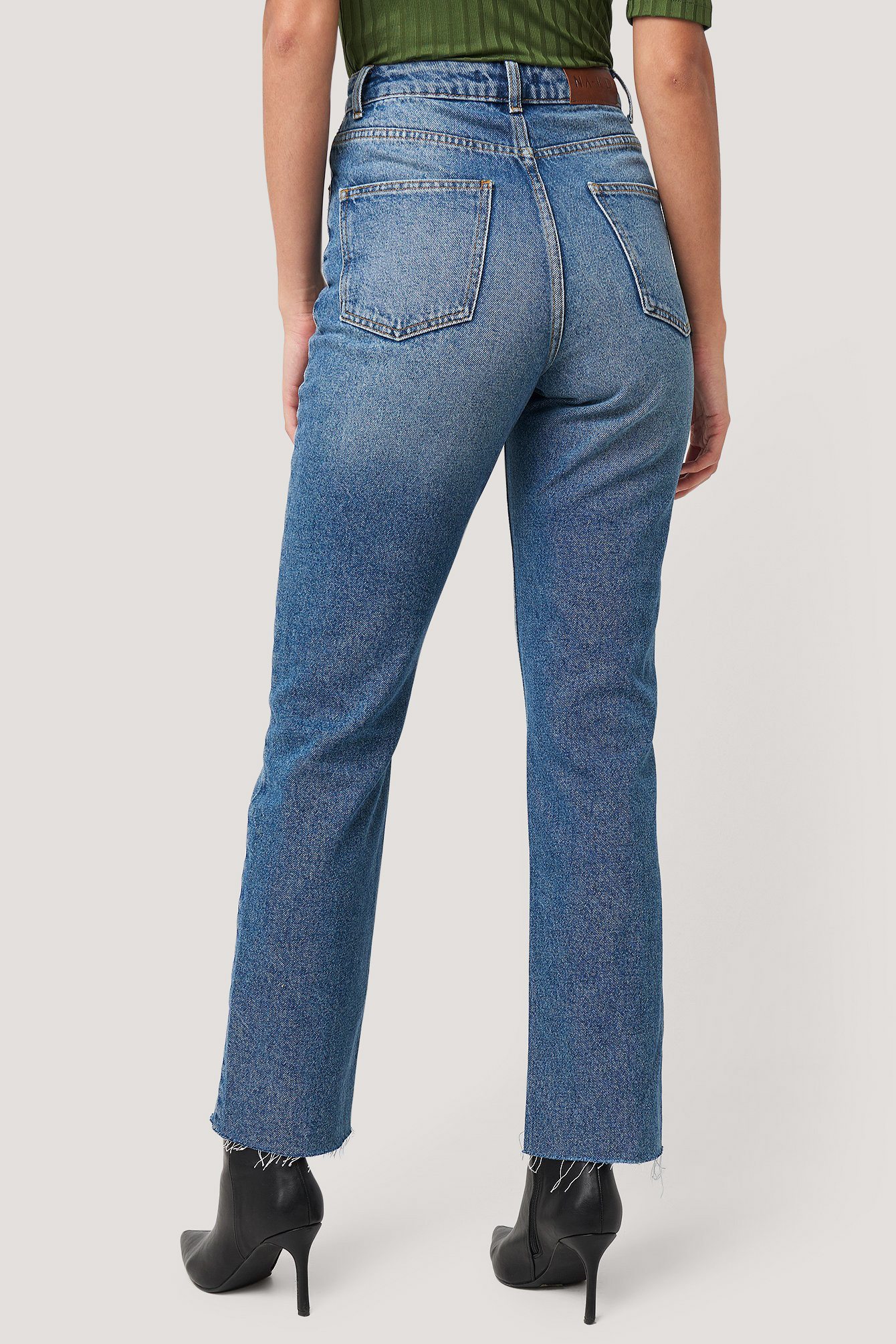 High Waist Raw Hem Straight Jeans Mid Blue