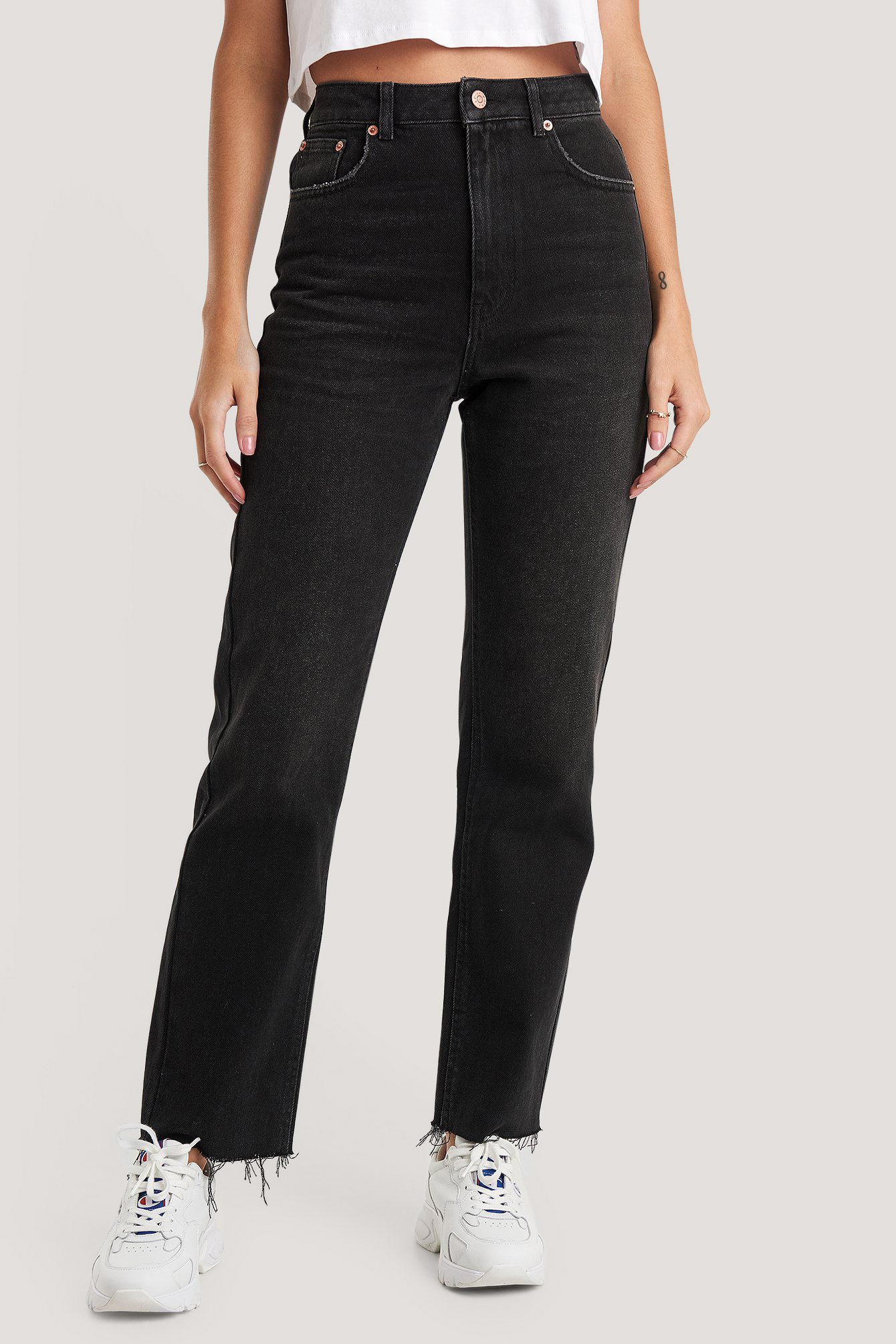 High Waist Raw Hem Straight Jeans Black
