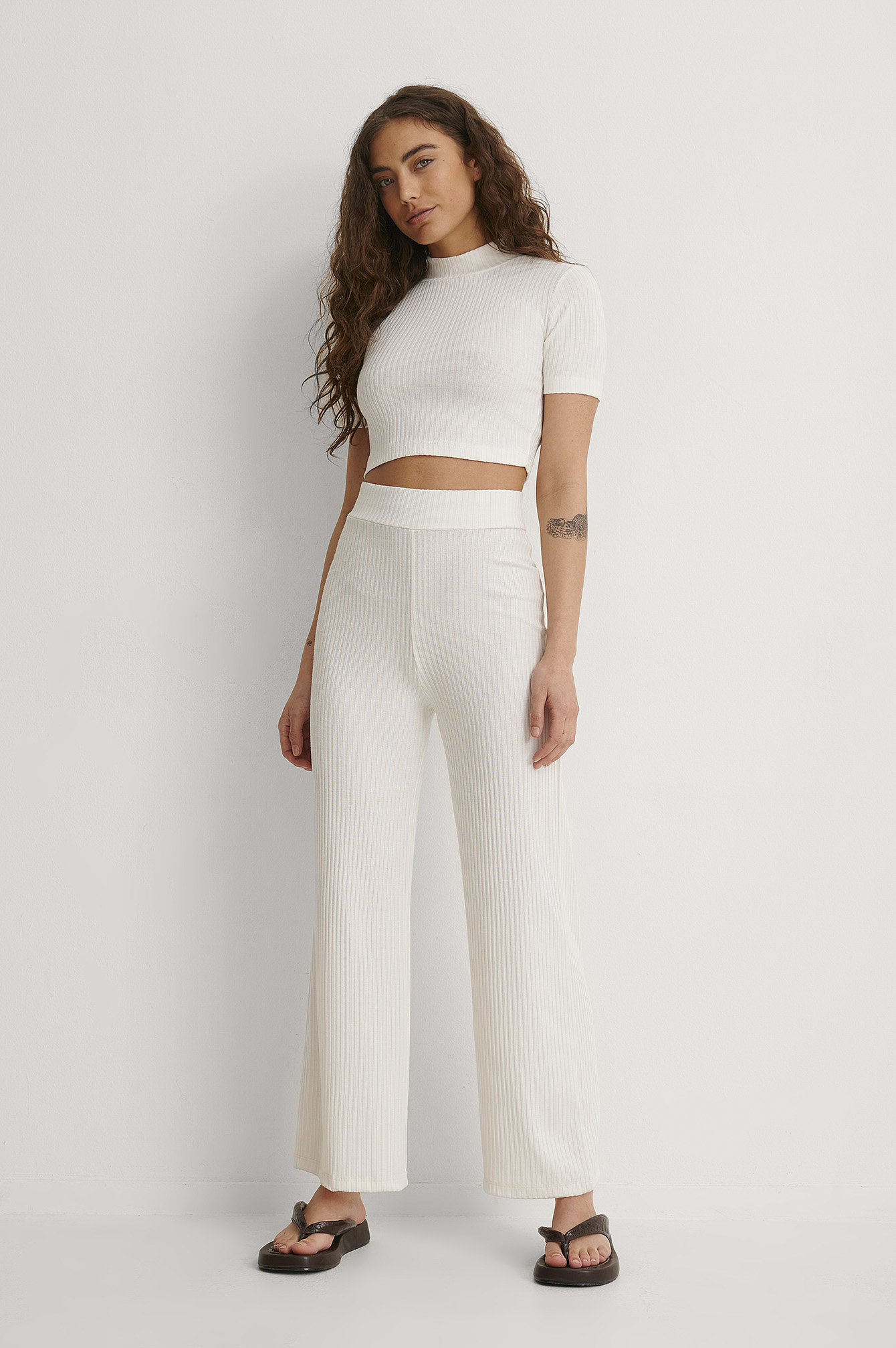 High Waist Ribbed Straight Pants Black 