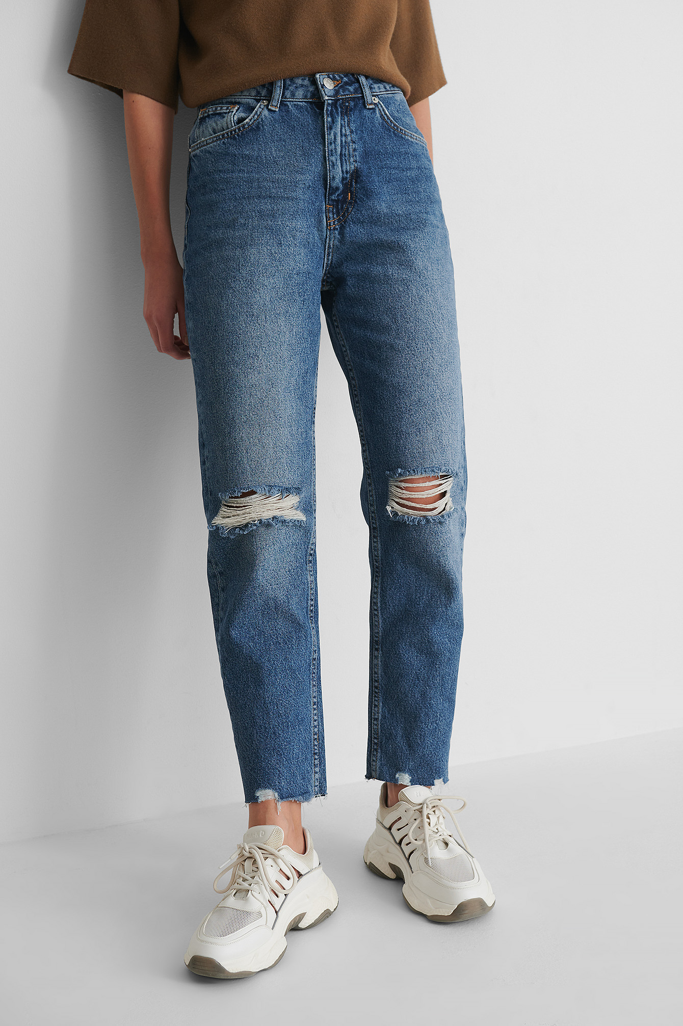 Mid Blue Organic High Waist Ripped Knee Slim Jeans
