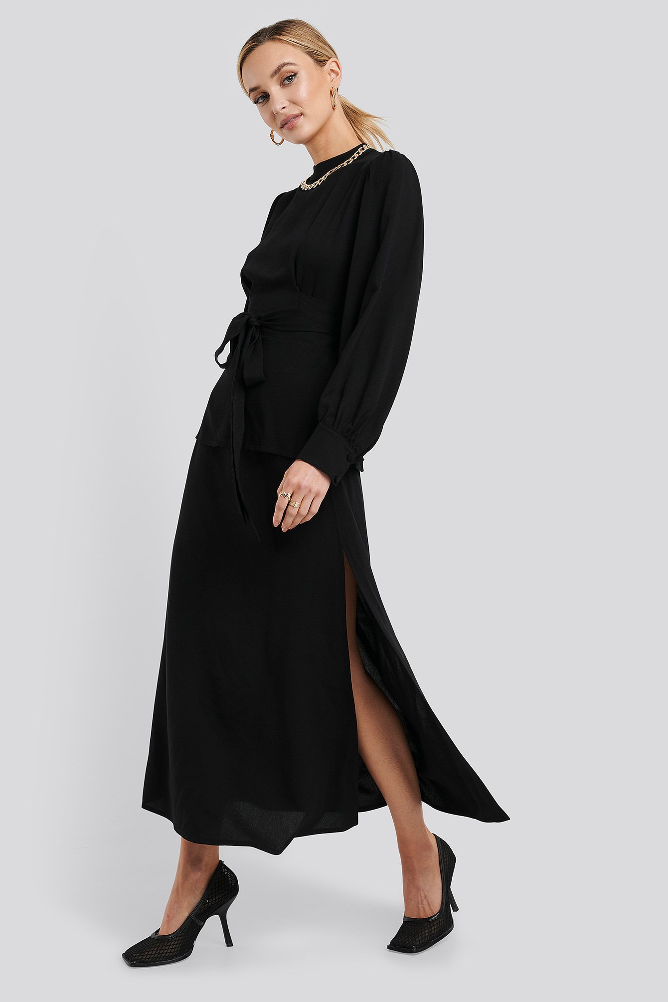 Na-Kd Trend High Waist Side Split Midi Skirt - Black
