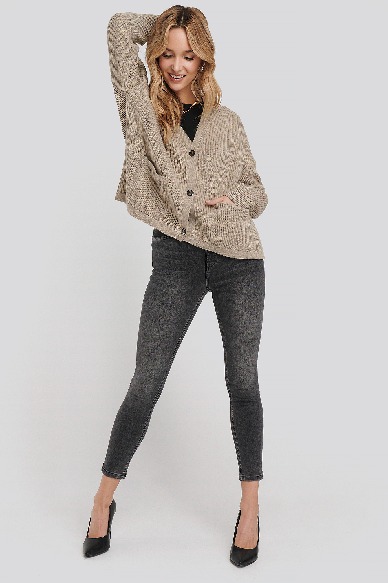 High Waist Skinny Cropped Jeans Grey Wash