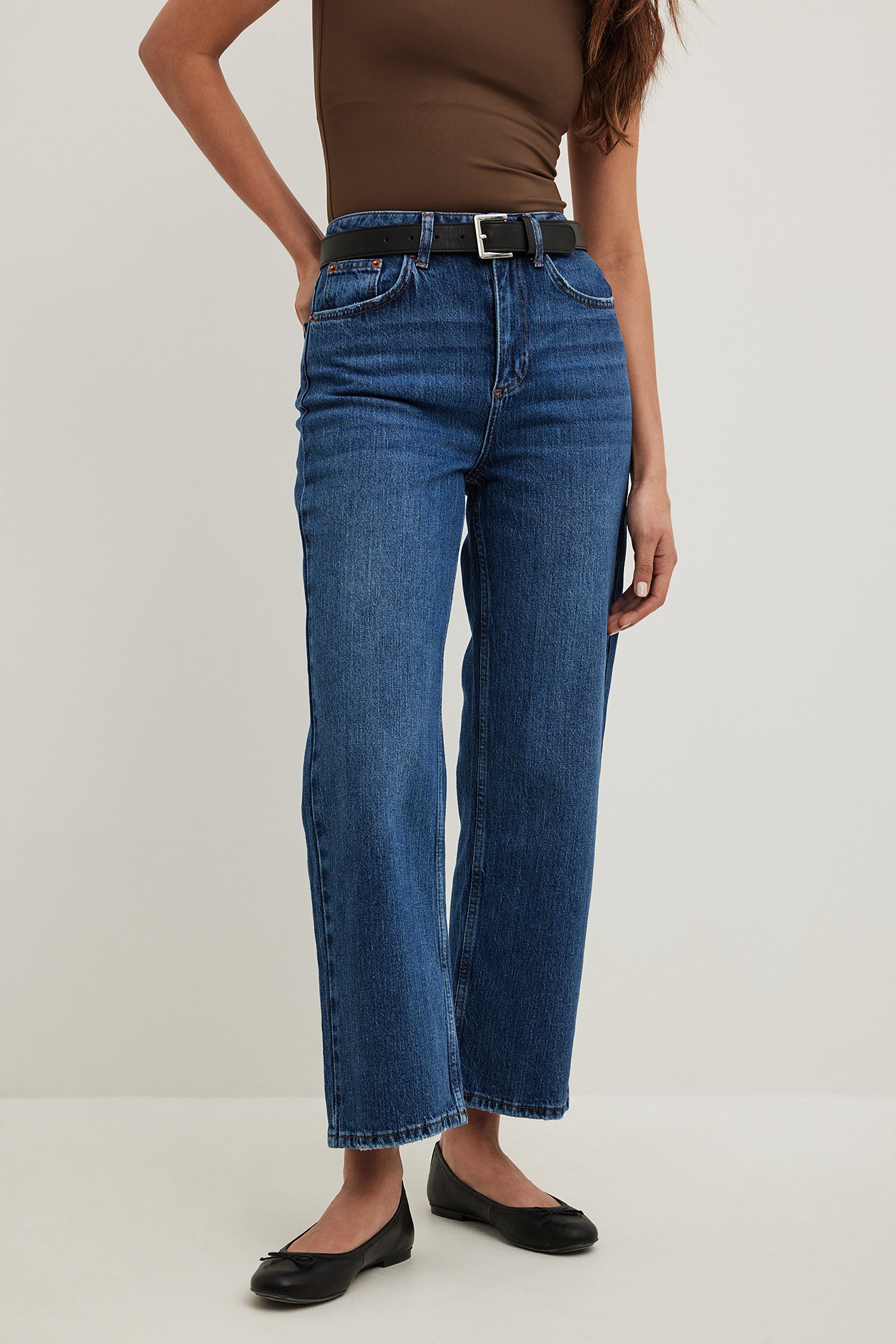 Straight High Waist Cropped Jeans Mid Blue