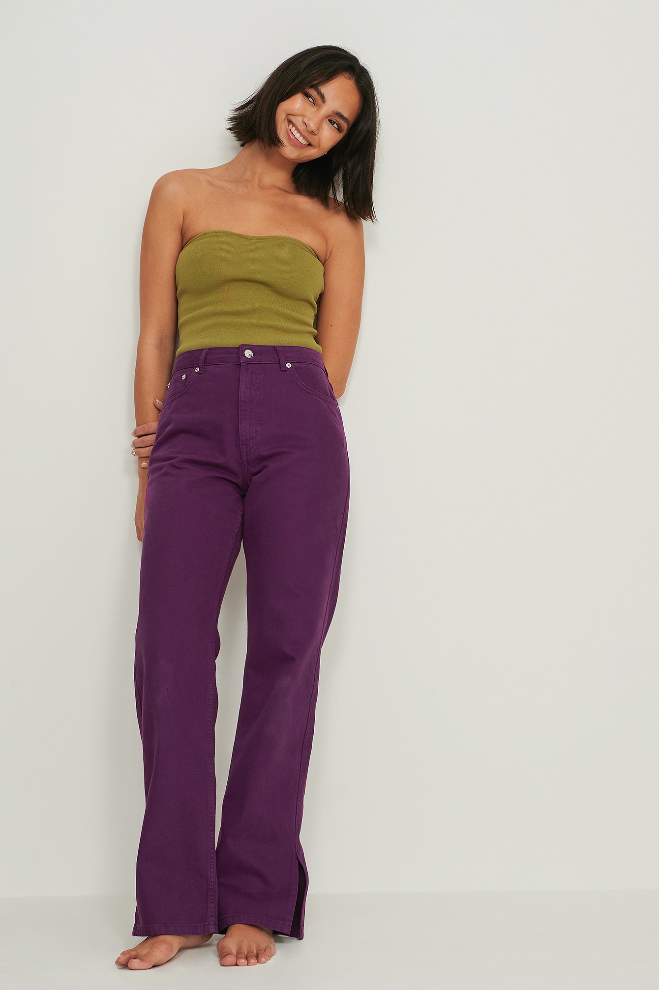 NA-KD Trend High Waist Straight Side Slit Jeans - Purple