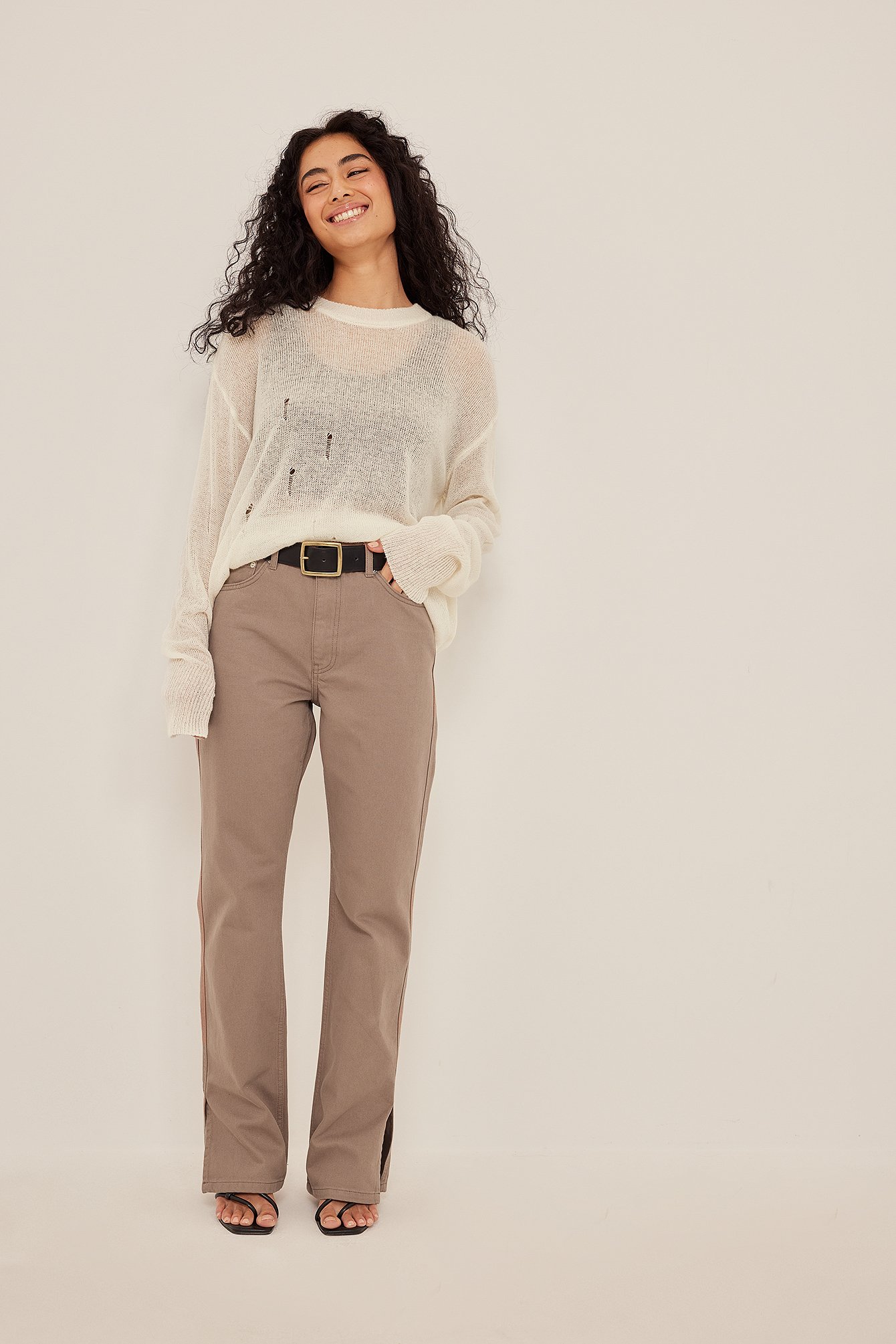 Dusty Brown High Waist Straight Side Slit Jeans
