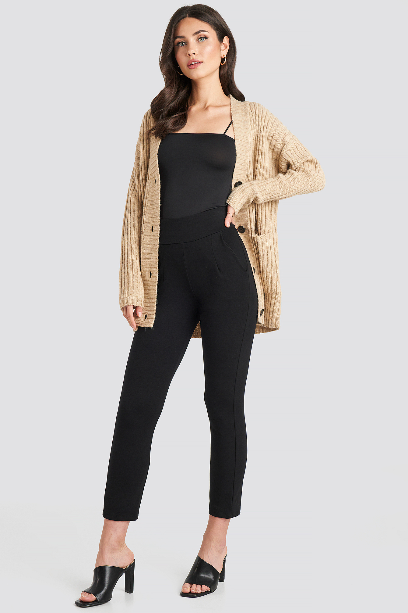 High Waist Tapered Leg Jersey Pants Black